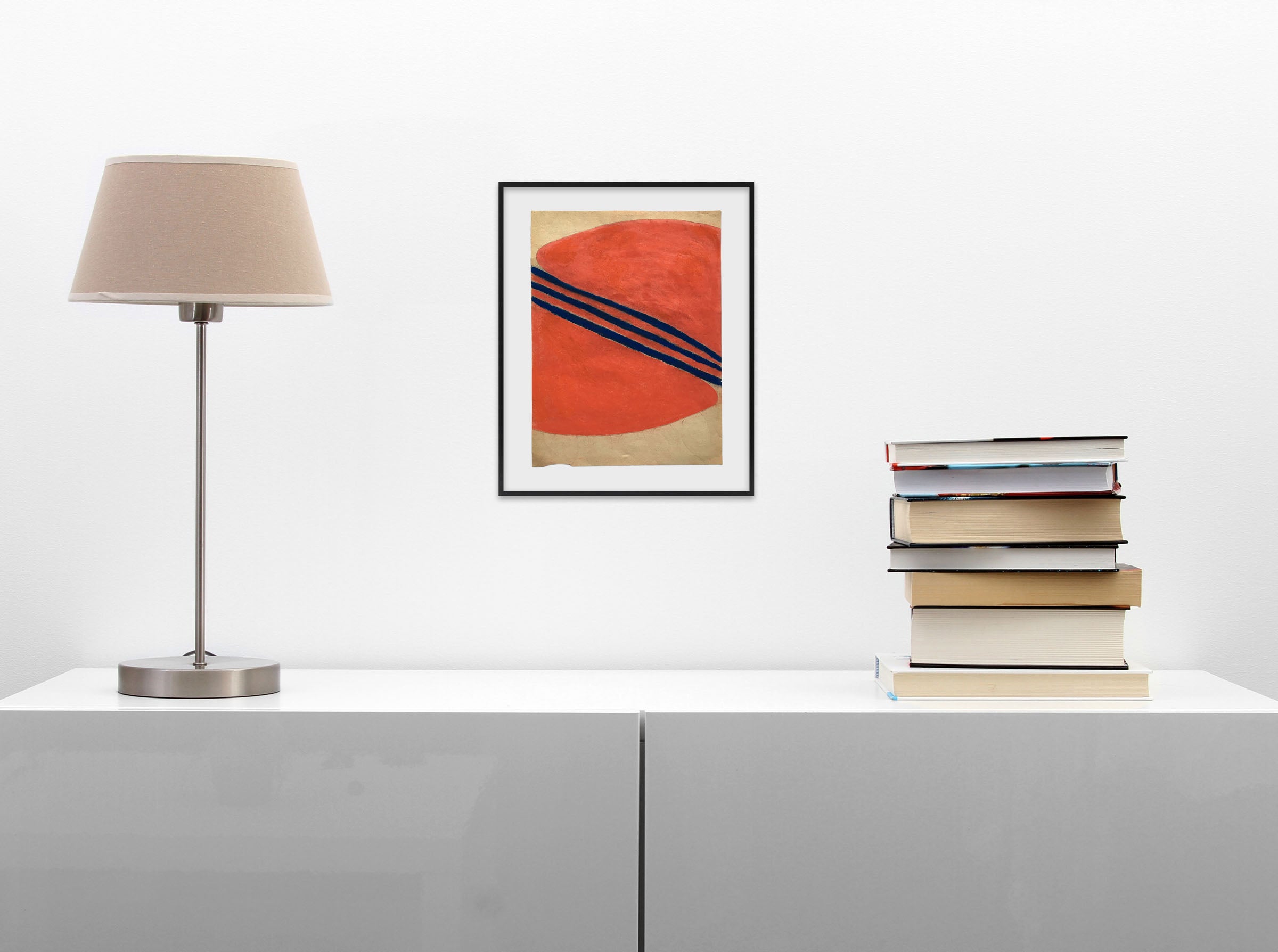 A painting of a red circle with blue lines on it.