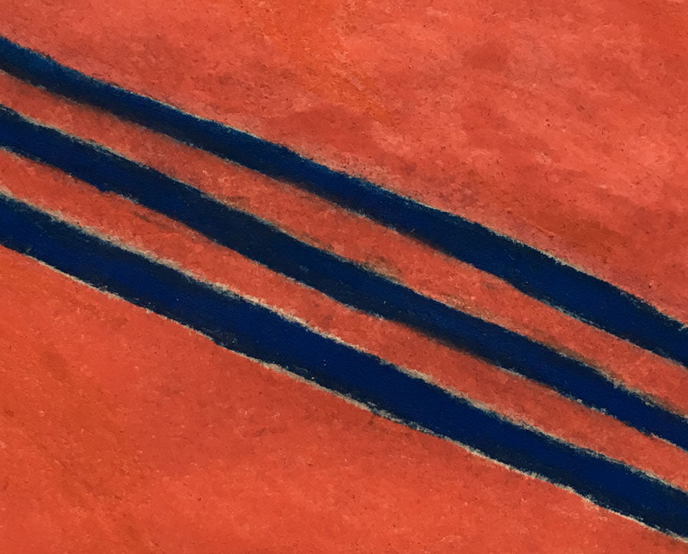 A painting of a red circle with blue lines on it.