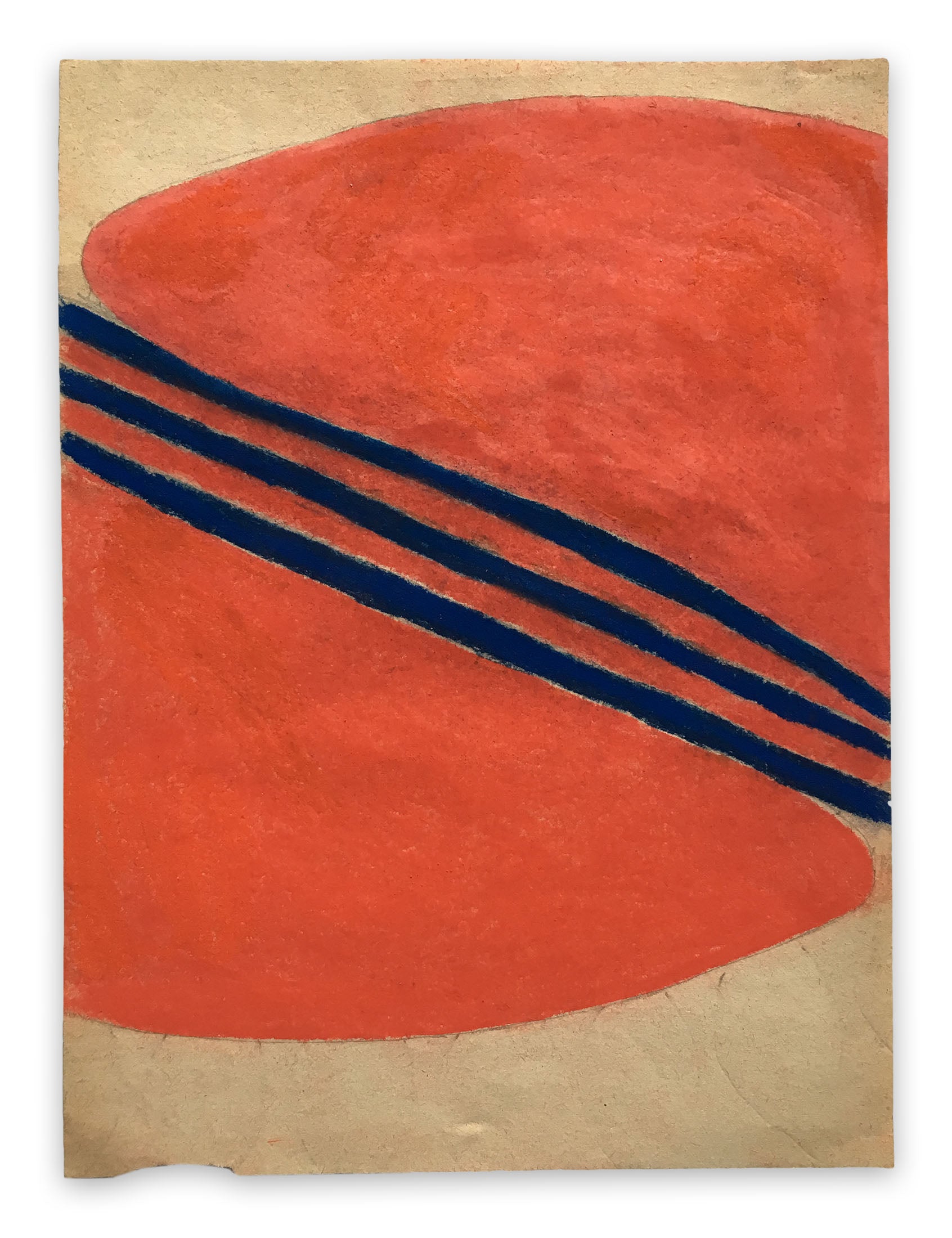 A painting of a red circle with blue lines on it.