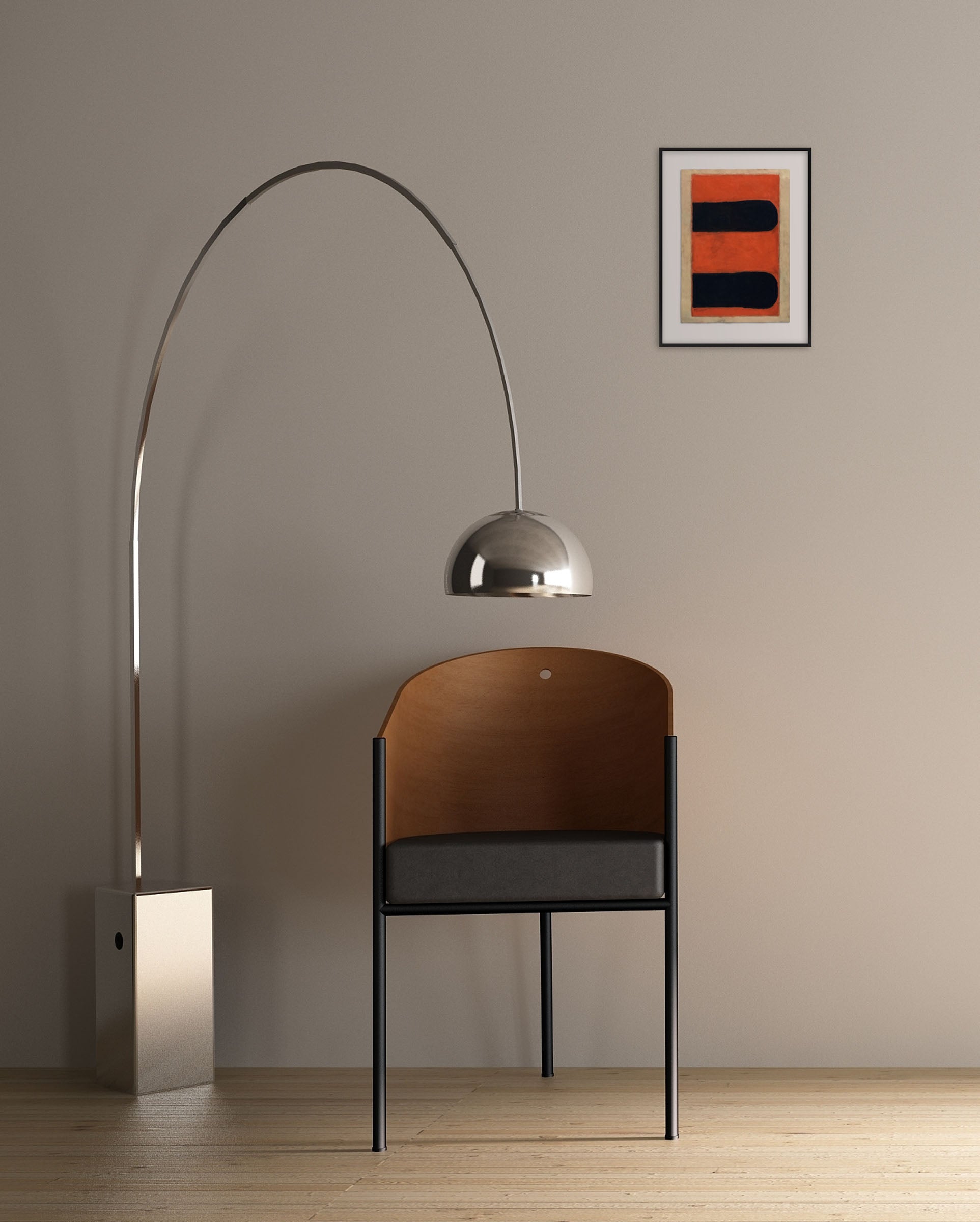 An orange and black painting on a white background.