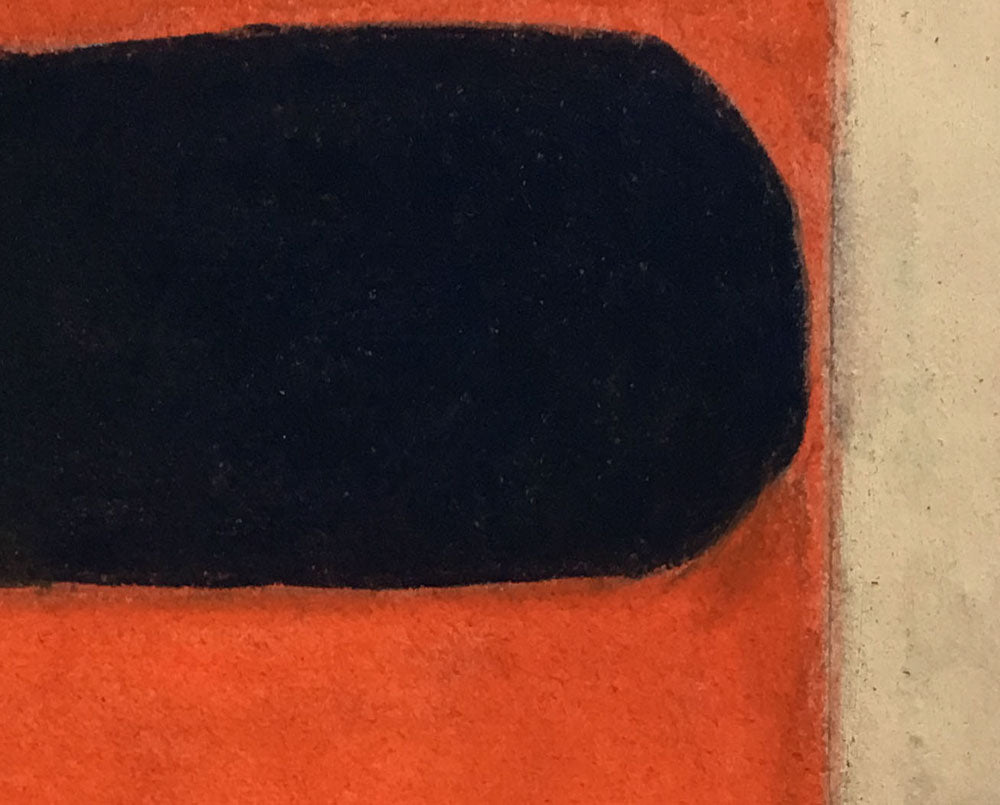 An orange and black painting on a white background.