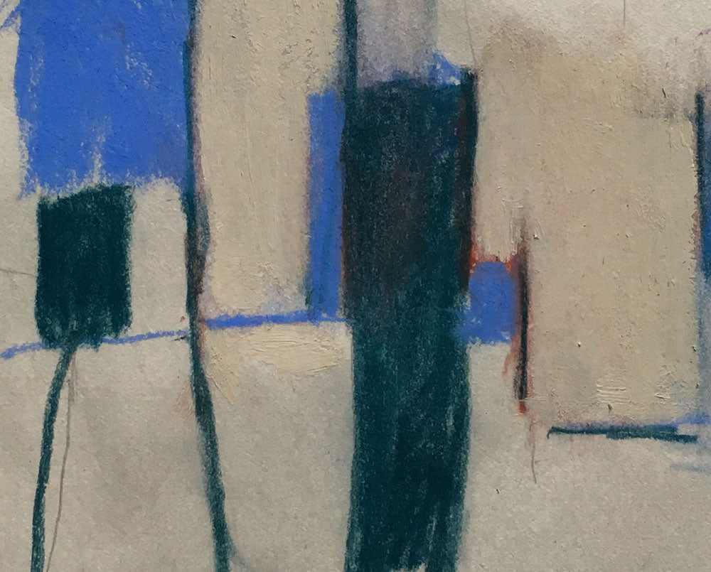 A painting with blue and black lines on a beige background.