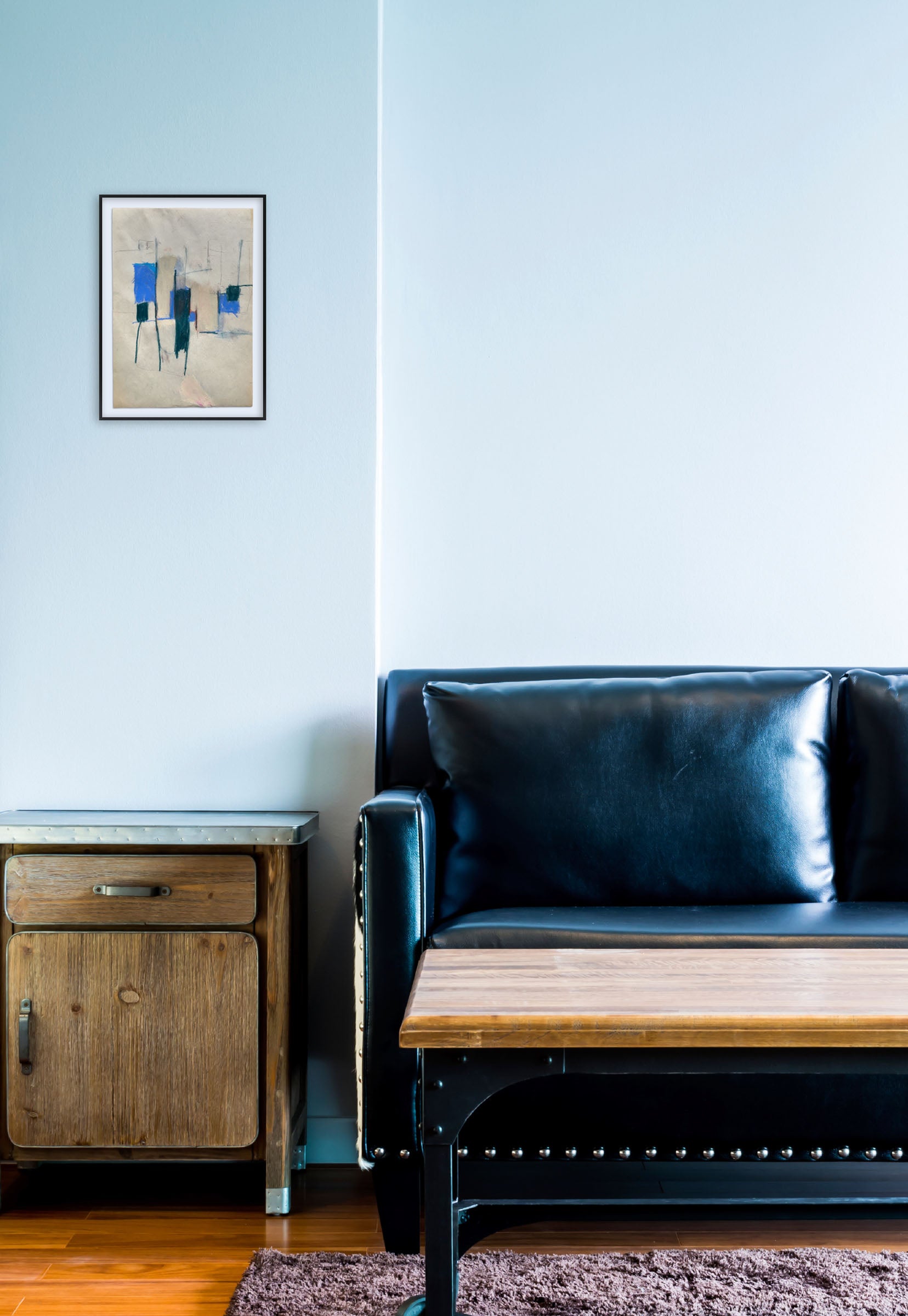 A painting with blue and black lines on a beige background.