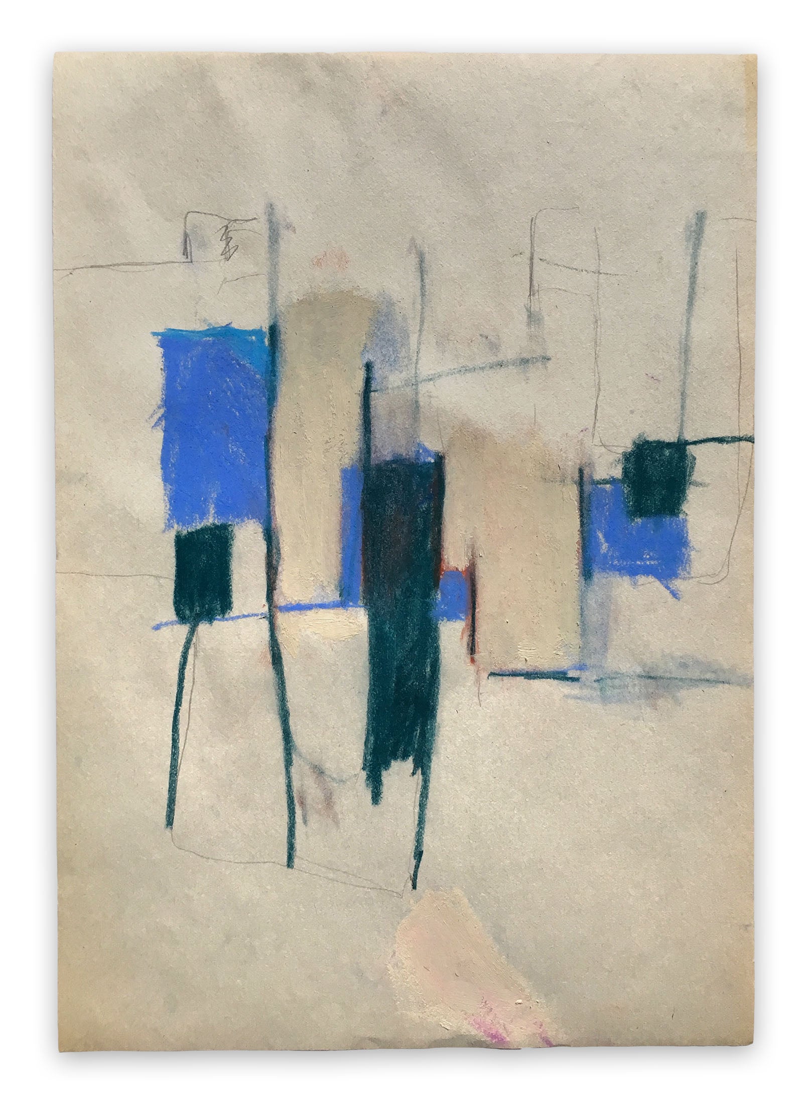 A painting with blue and black lines on a beige background.