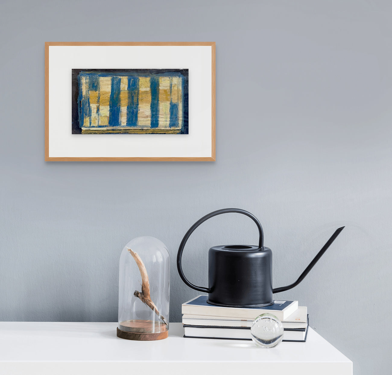 A painting of blue and yellow stripes on a black background.