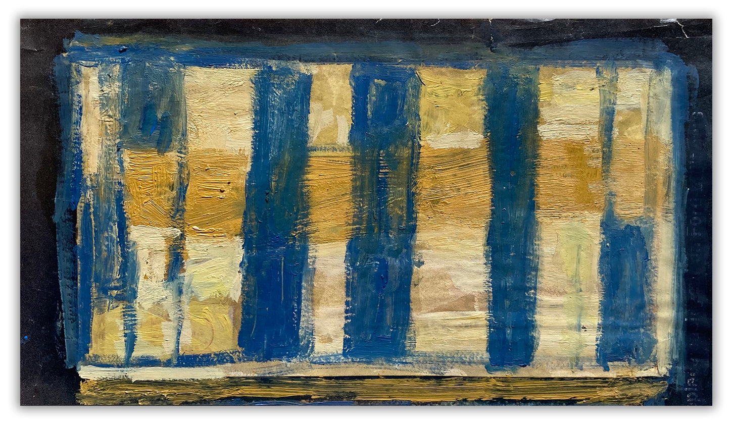 A painting of blue and yellow stripes on a black background.