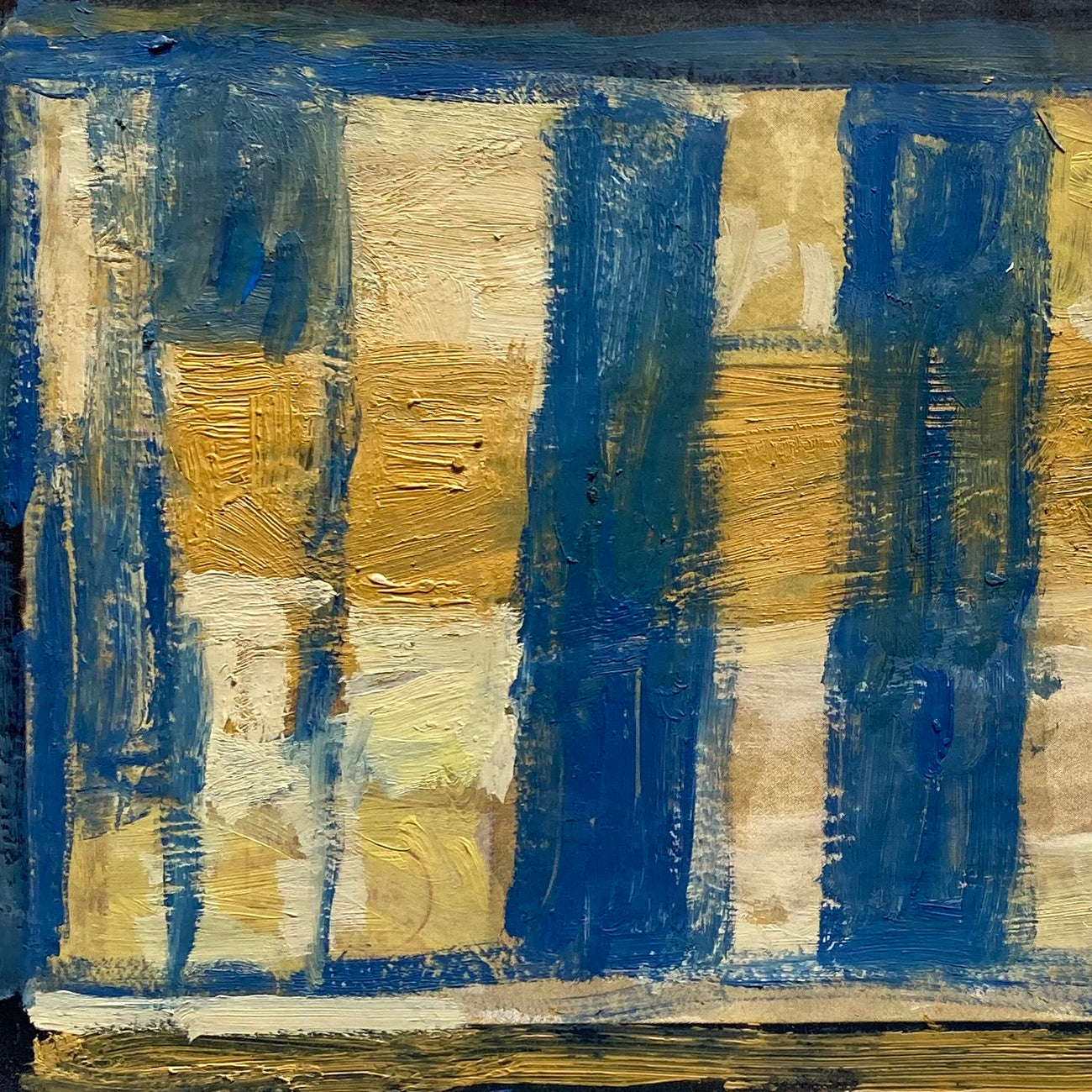 A painting of blue and yellow stripes on a black background.