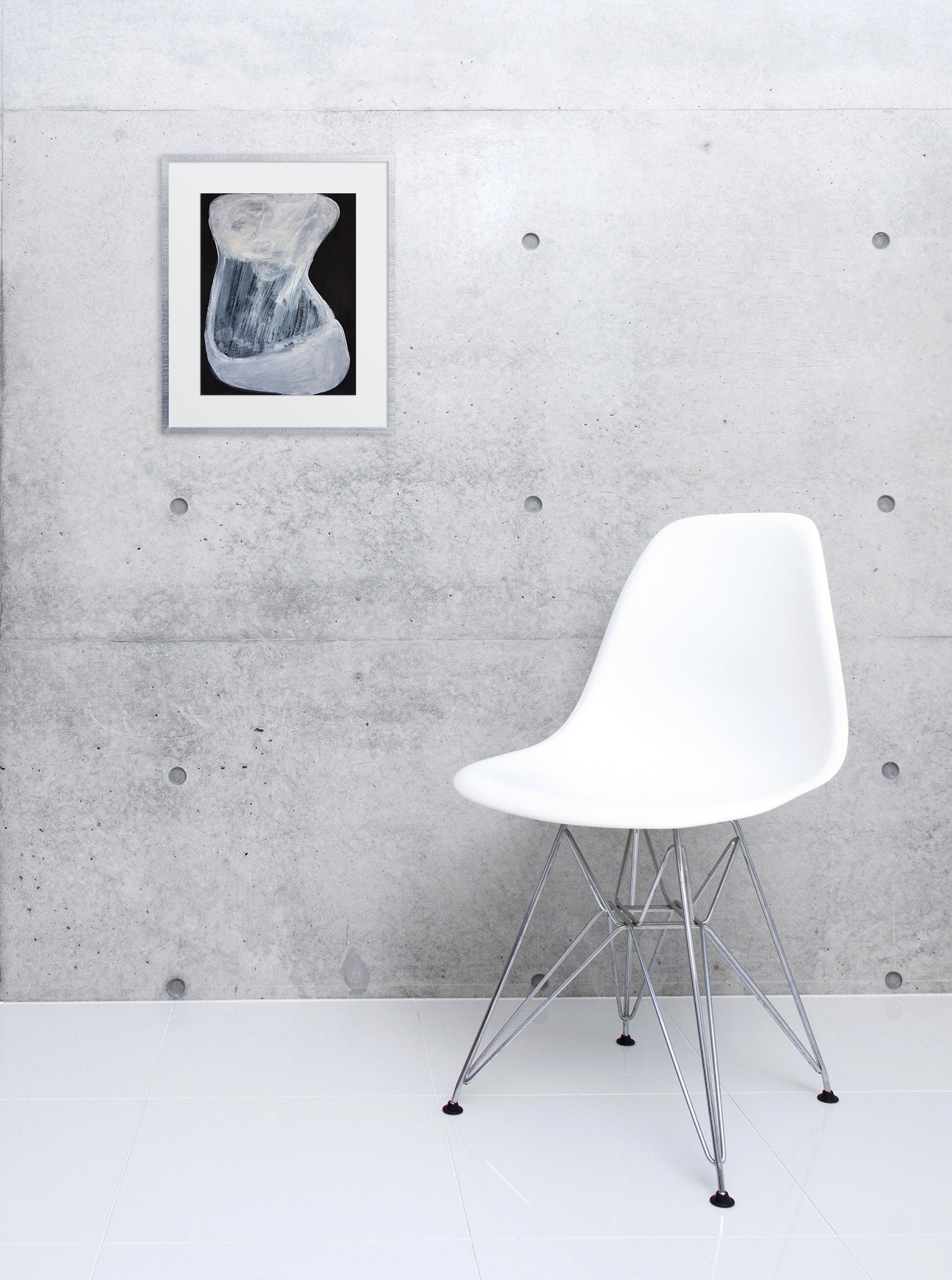 A black and white painting of a vase on a black background.