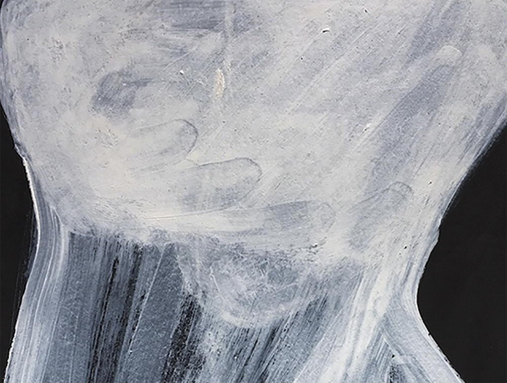 A black and white painting of a vase on a black background.