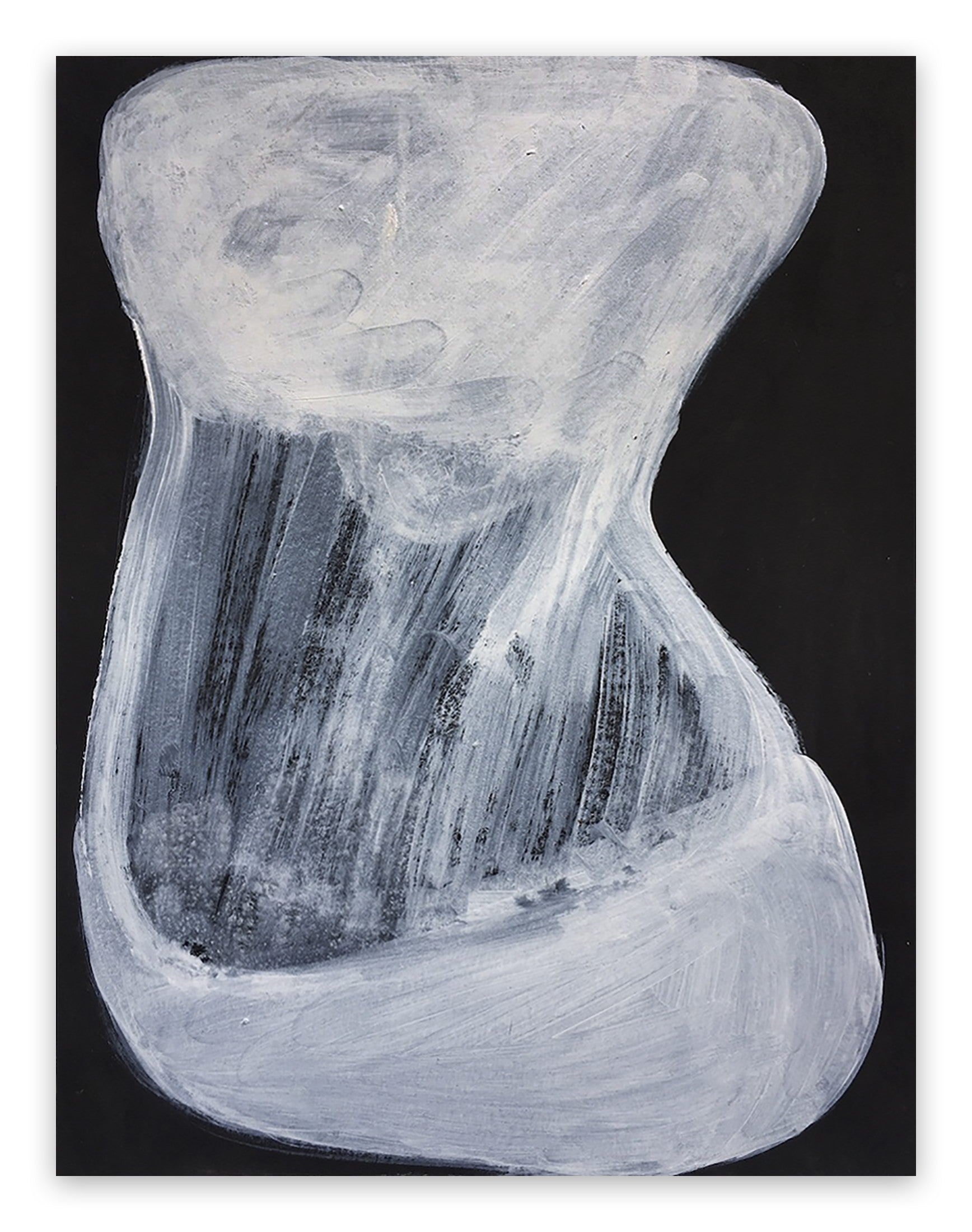 A black and white painting of a vase on a black background.