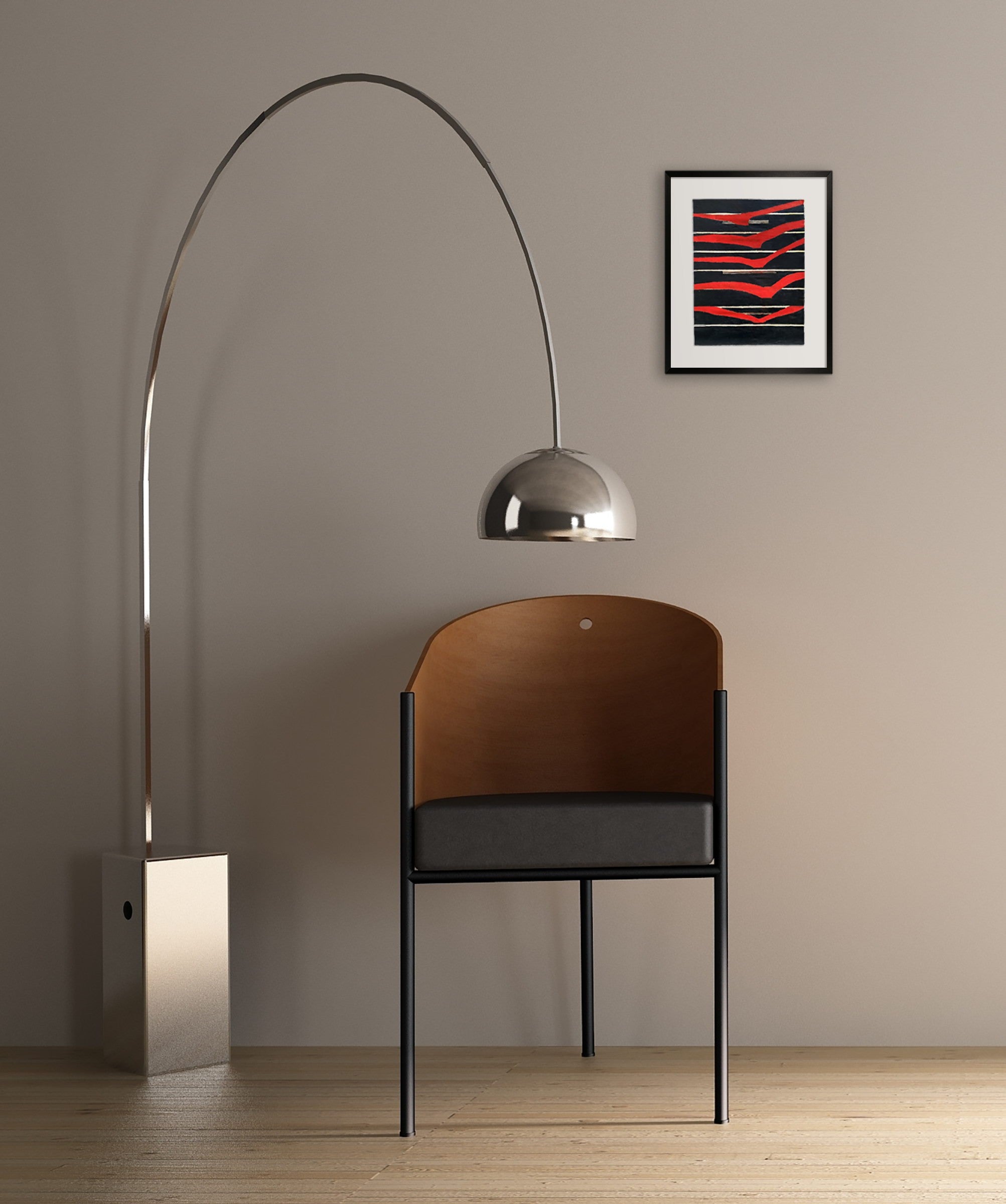 A painting with red and black stripes on a black background.