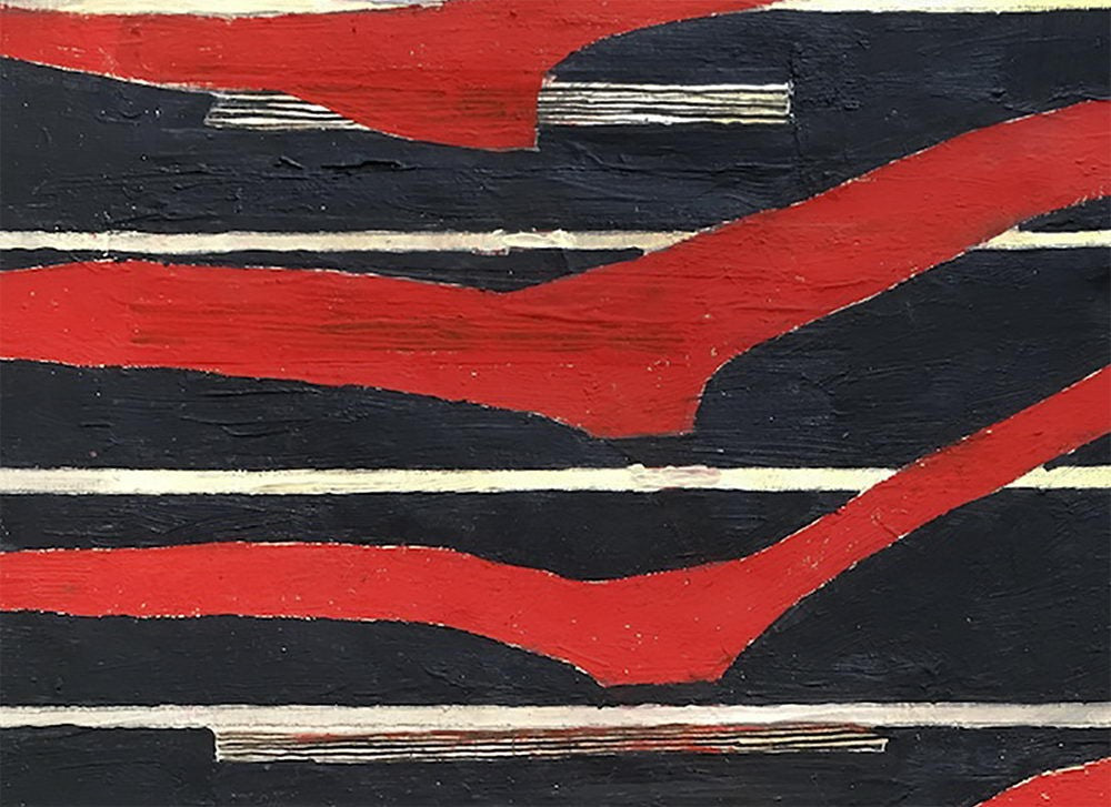 A painting with red and black stripes on a black background.