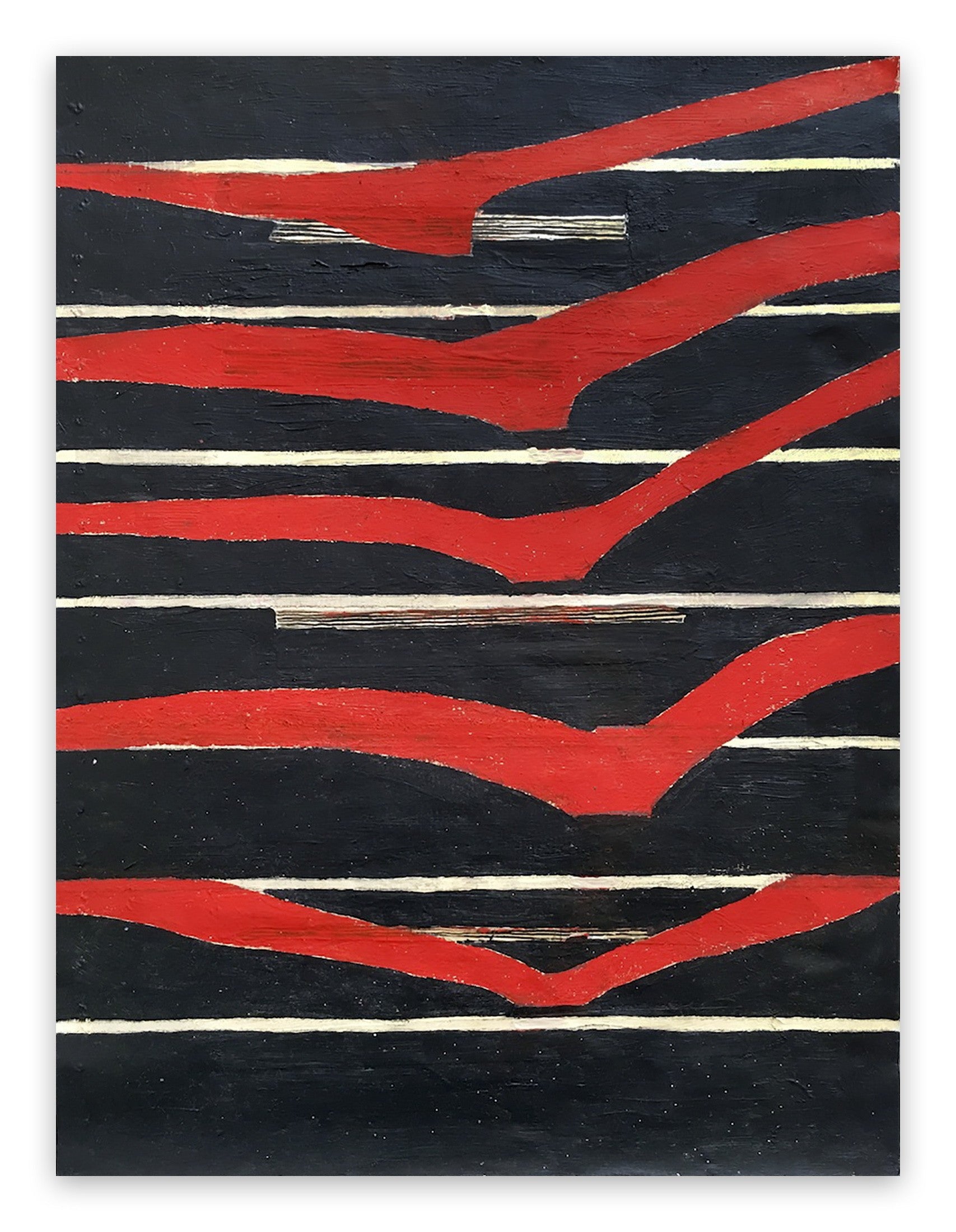 A painting with red and black stripes on a black background.