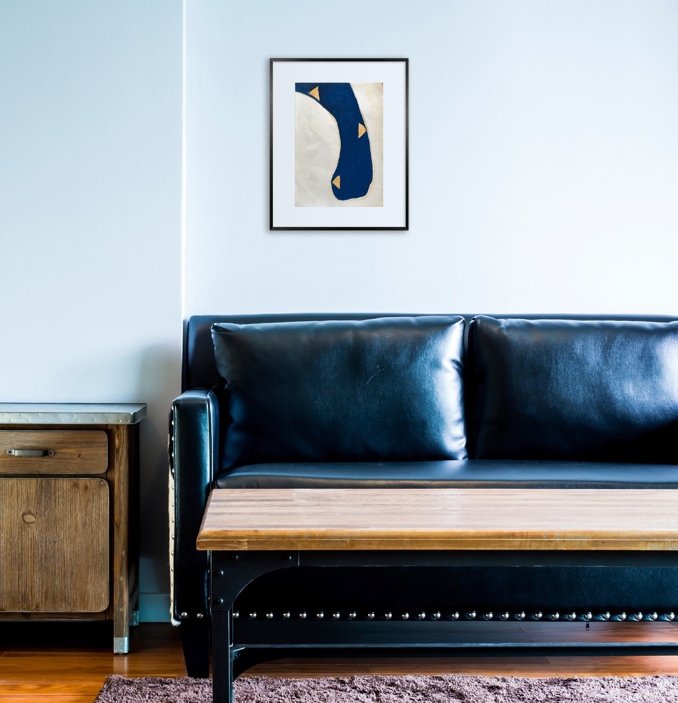 A painting of a blue and yellow abstract painting on a white background.