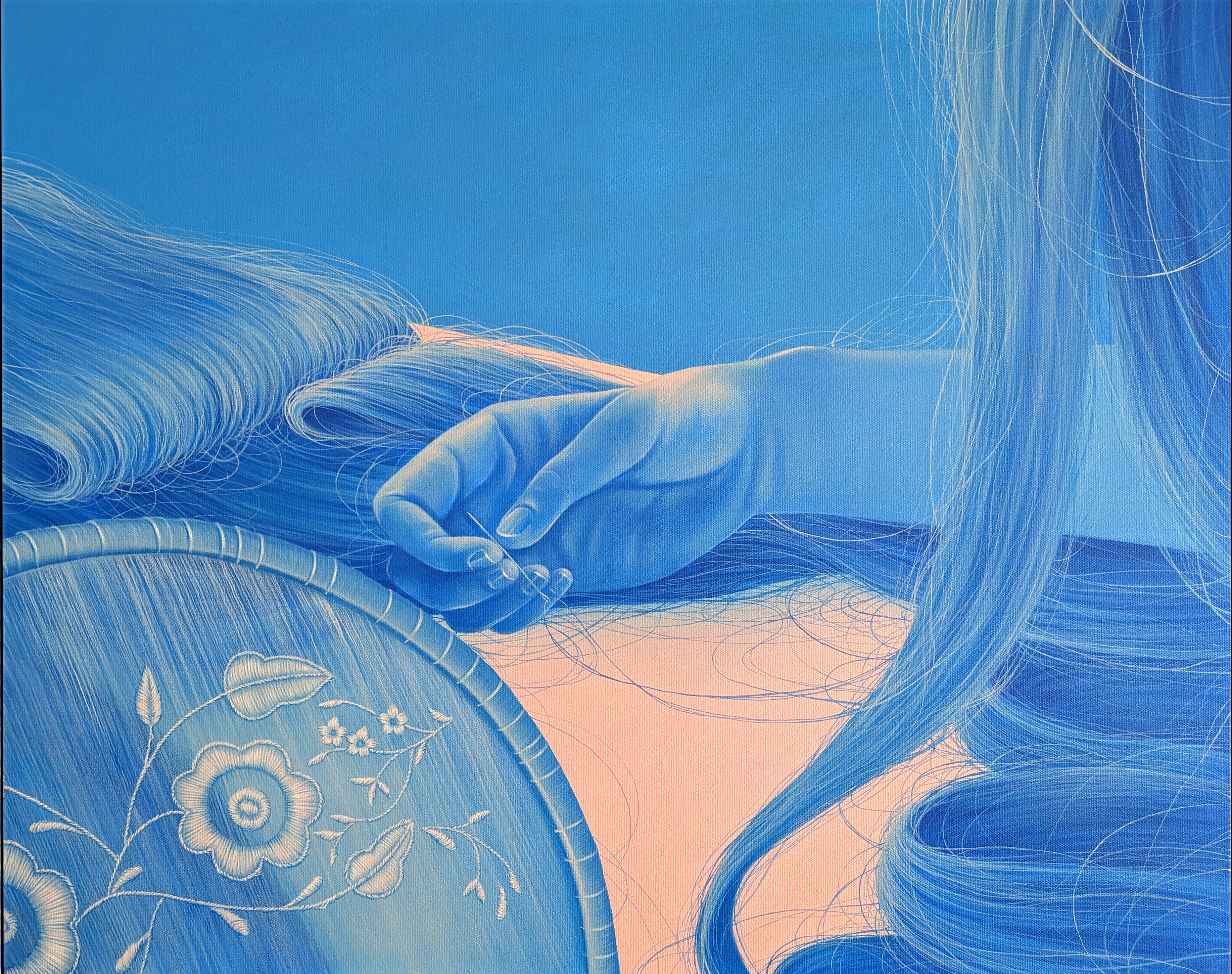 A painting of a woman with long blue hair holding a mirror.