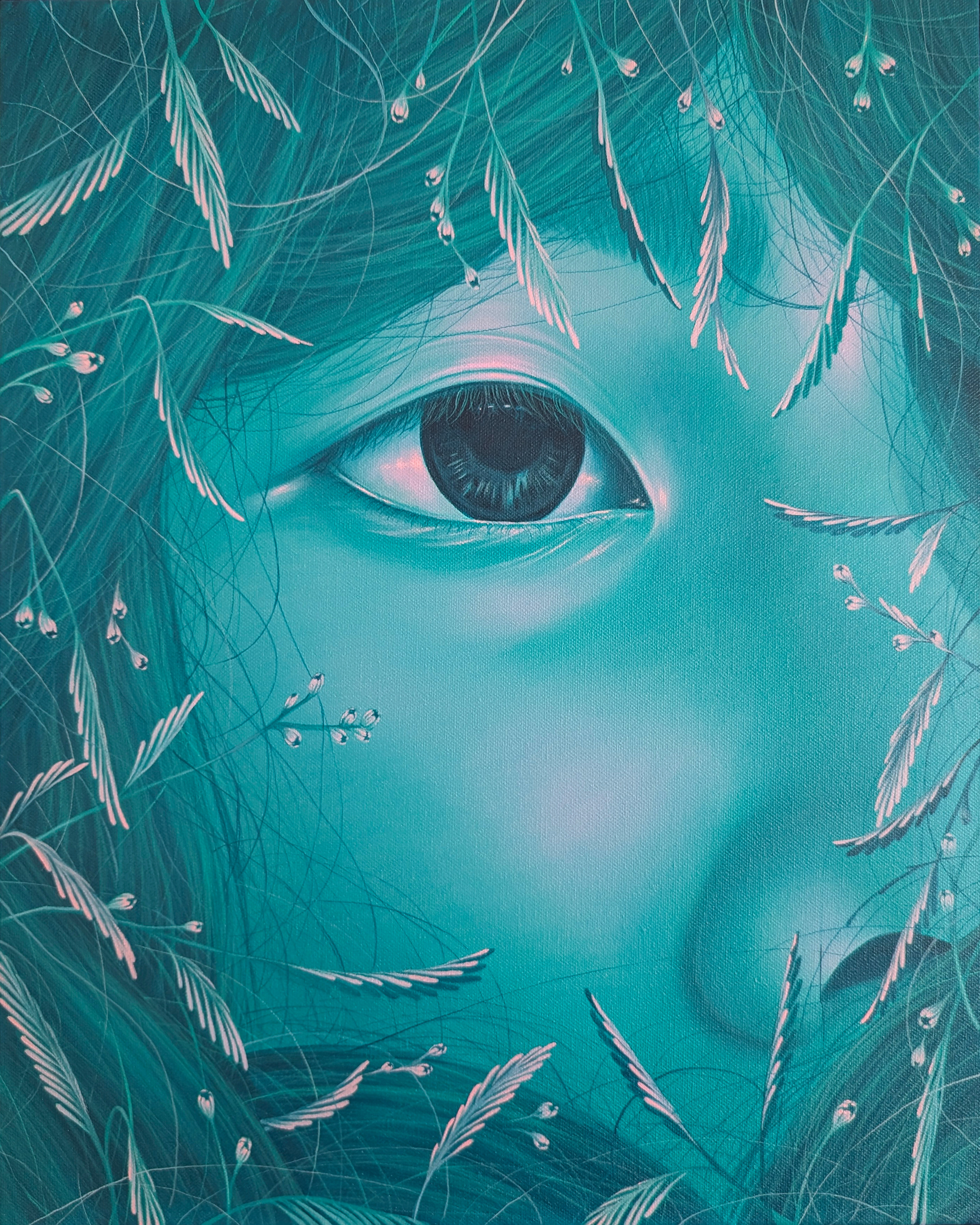 A close up of a woman's face surrounded by grass and flowers.