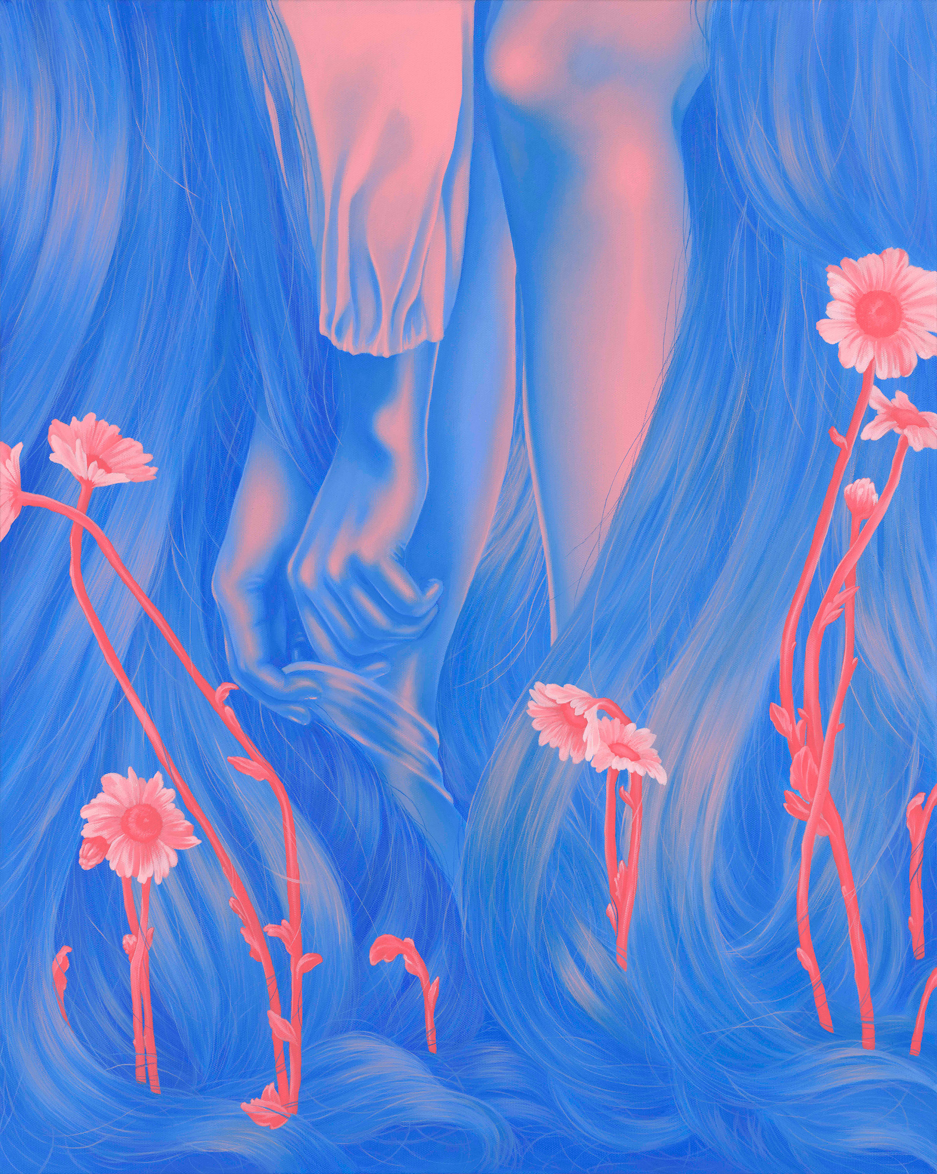 A painting of a woman with long blue hair and pink flowers.