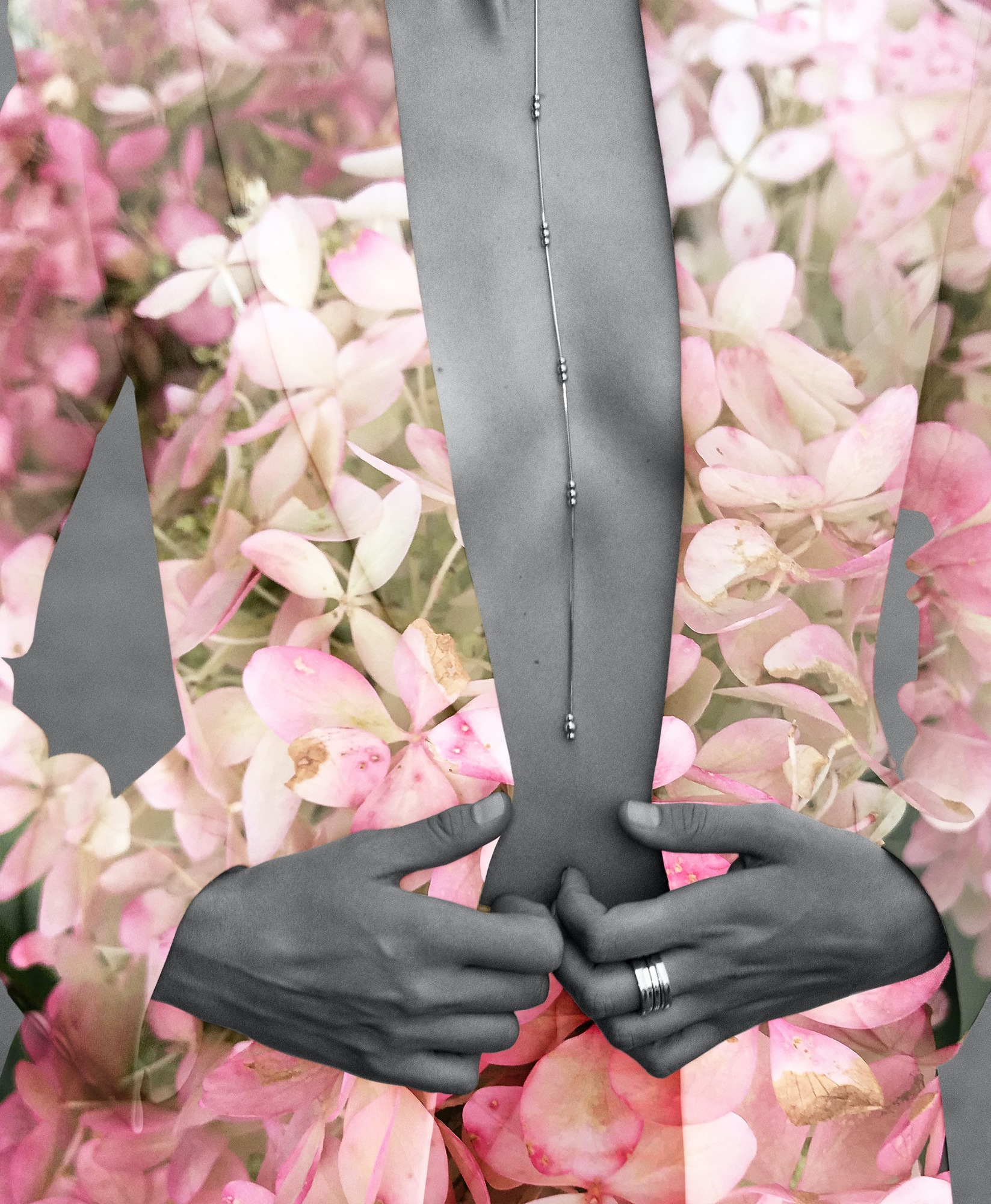 A collage of a man and woman holding hands in front of pink flowers.