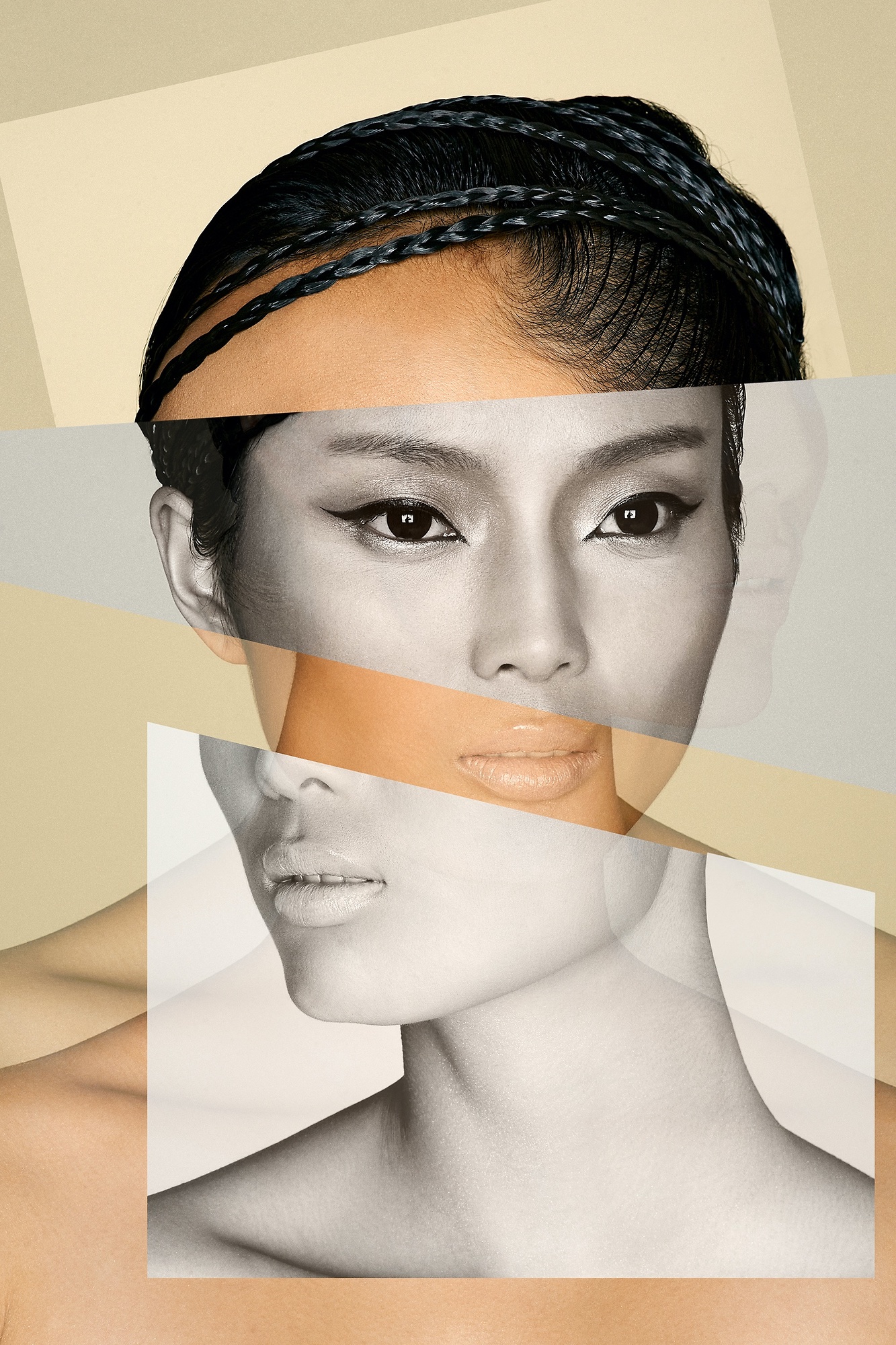 A collage of a woman's face with a braid in her hair.