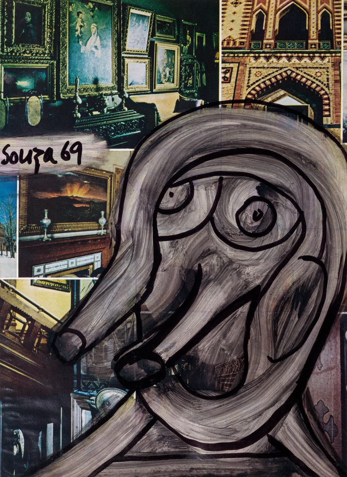 A collage of a drawing of an elephant in a room.