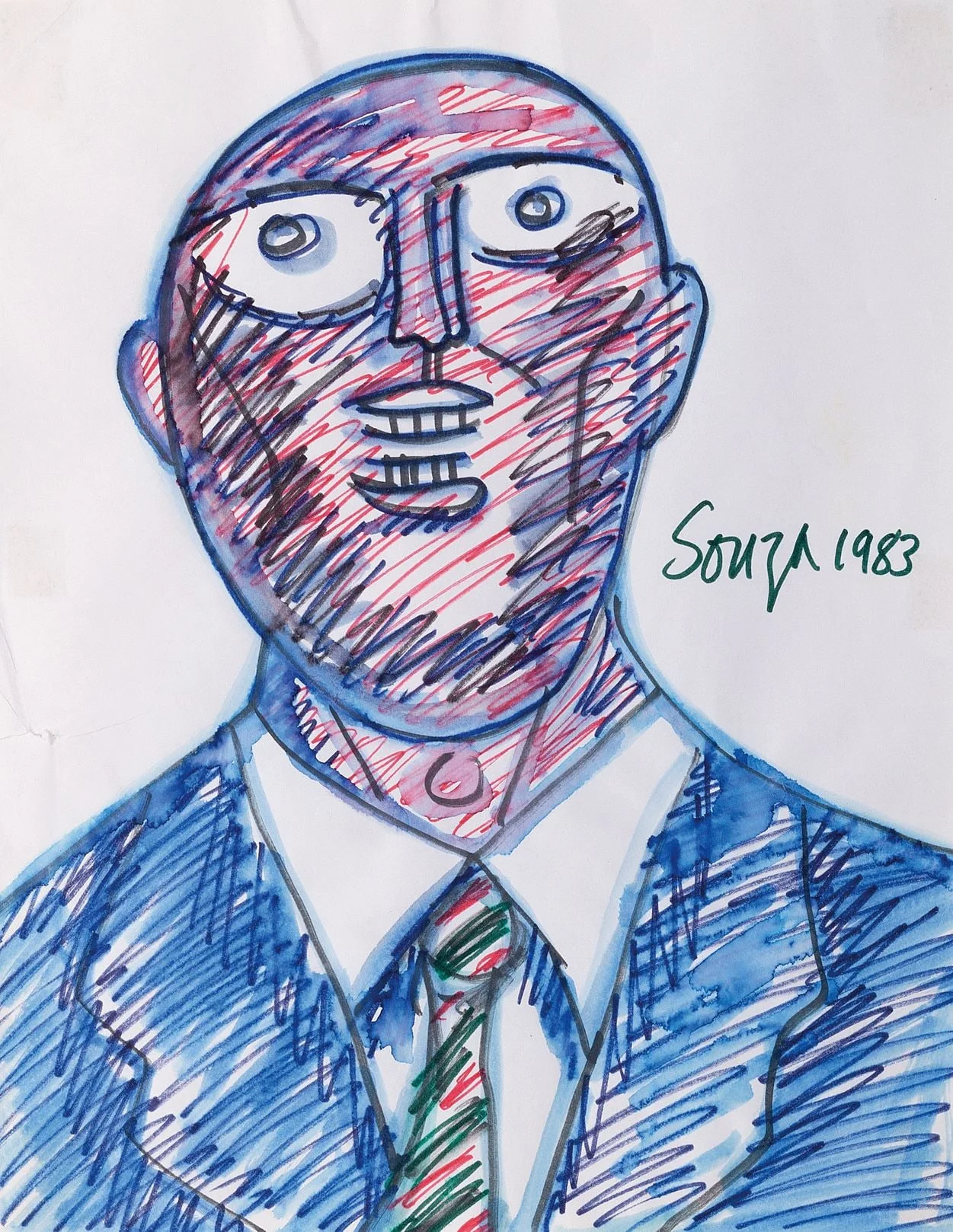 A sketchy portrait of a bald figure in a suit with an exaggerated, wide-eyed expression.