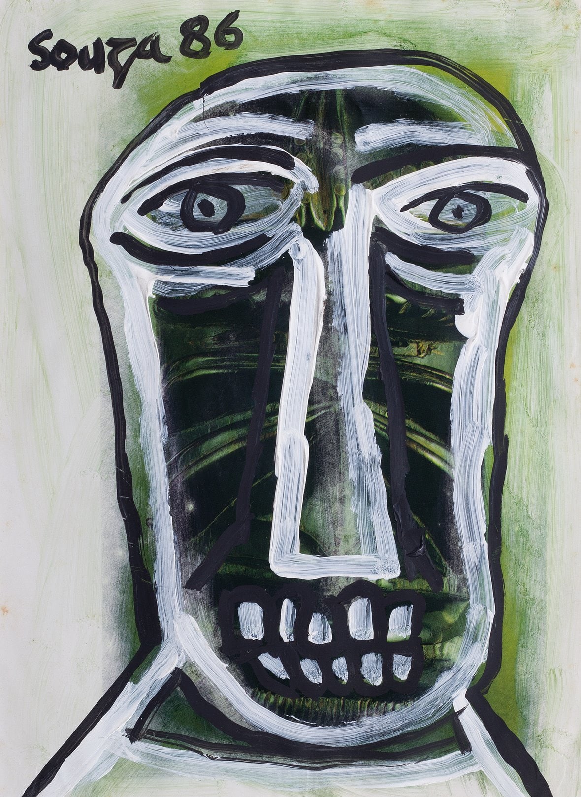 A painting of a man's face on a green background.