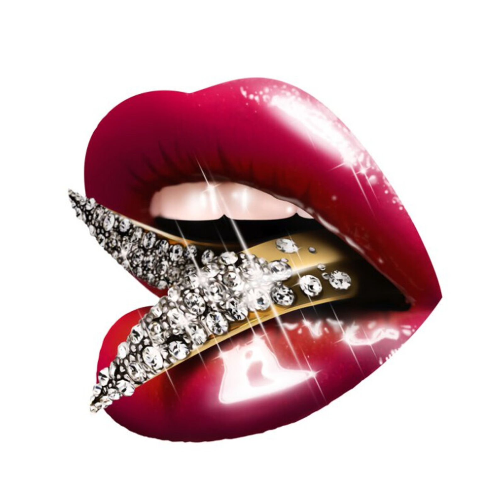 a close up of a woman's mouth with a diamond ring on it