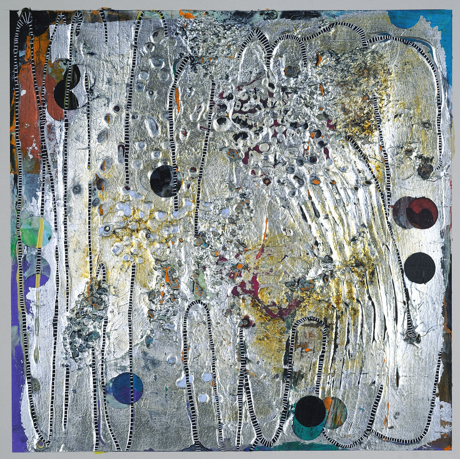 Artwork by Francie Hester, Confluence #3, Made of Acrylic, wax and aluminum leaf on paper 
