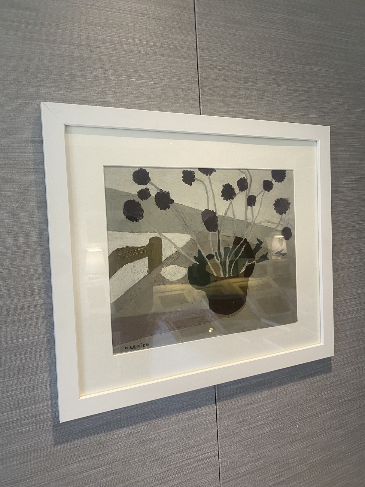 A painting of a vase of flowers on a table.