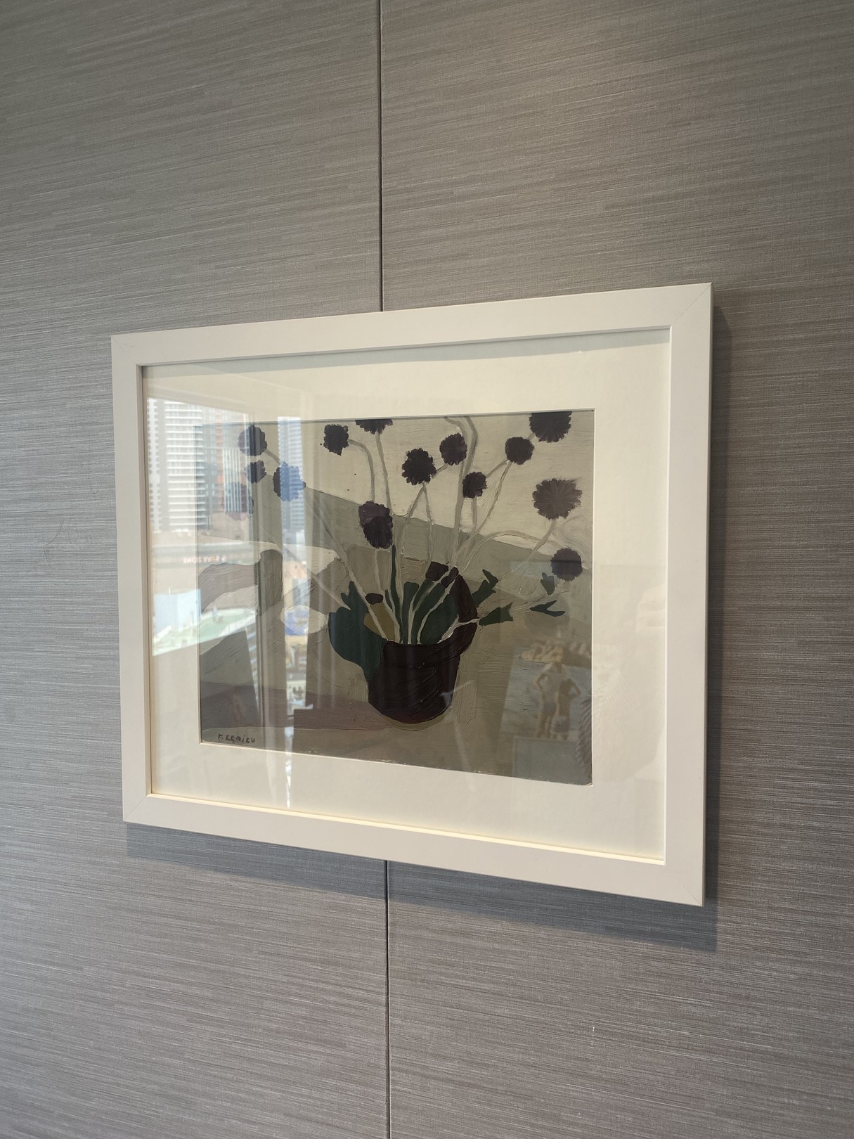 A painting of a vase of flowers on a table.