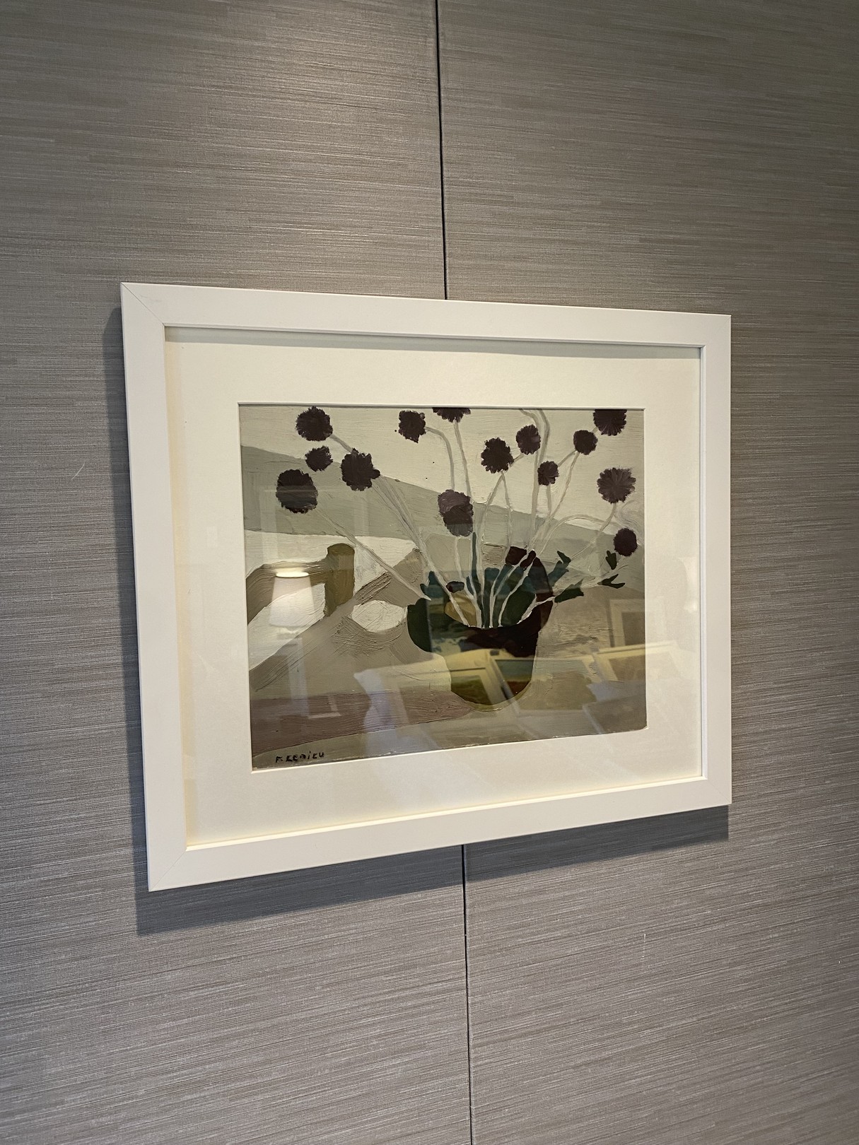 A painting of a vase of flowers on a table.