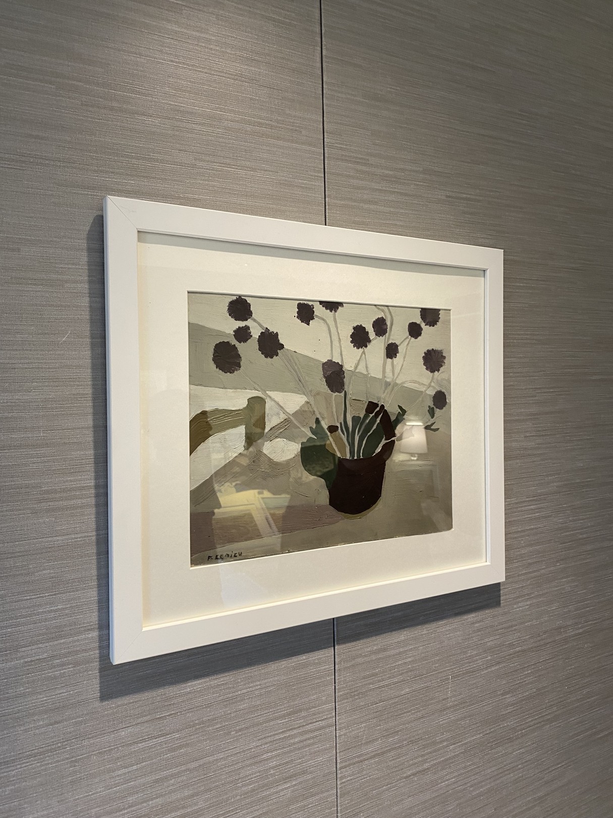 A painting of a vase of flowers on a table.