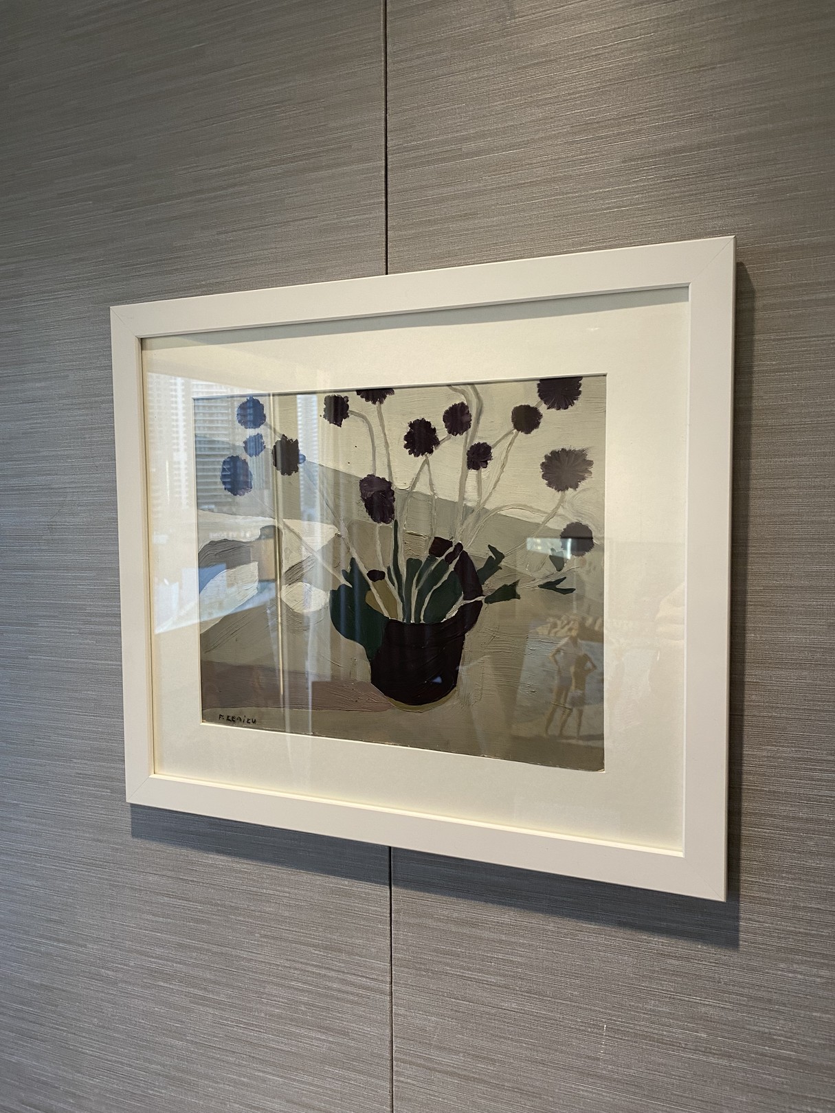 A painting of a vase of flowers on a table.