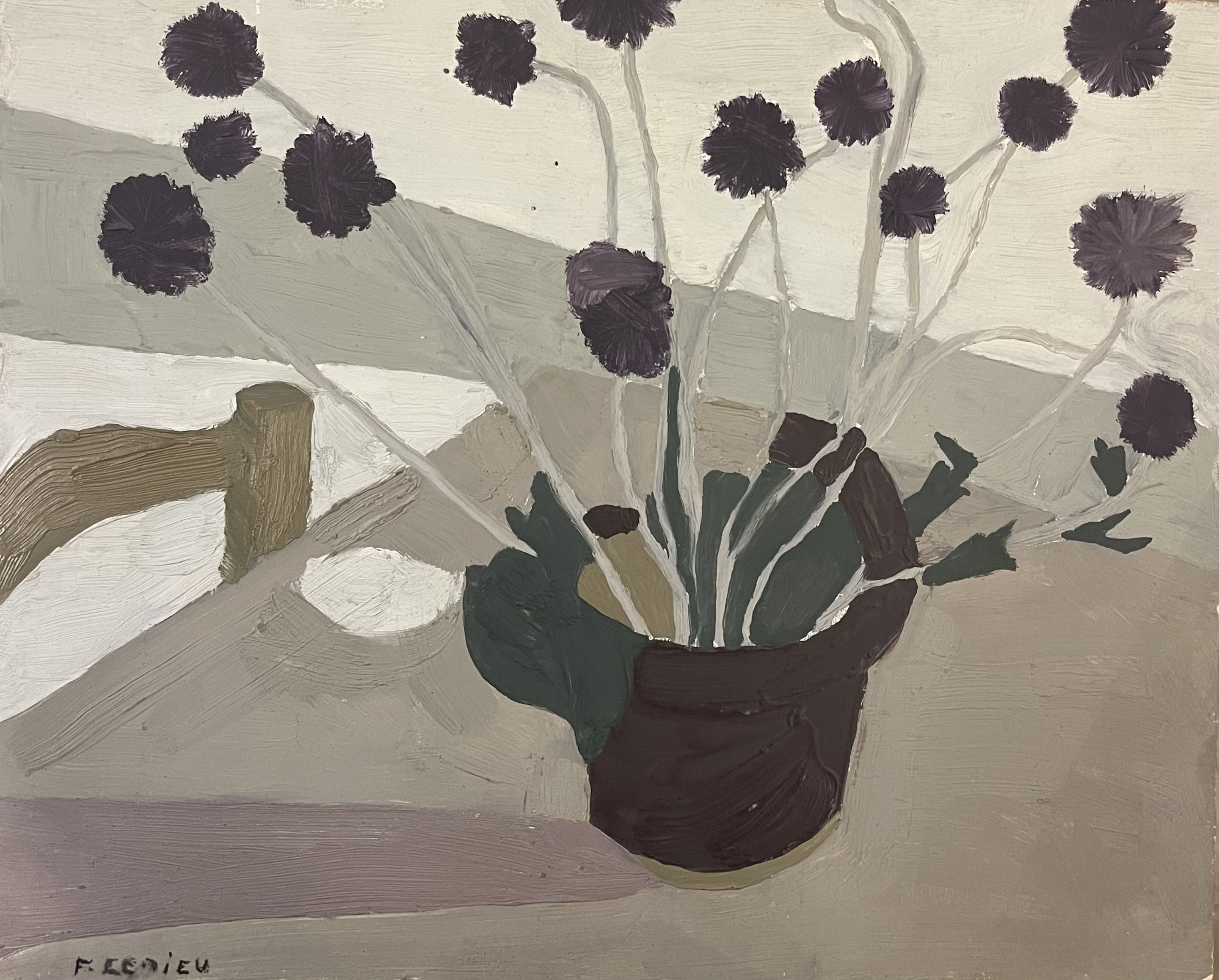 A painting of a vase of flowers on a table.