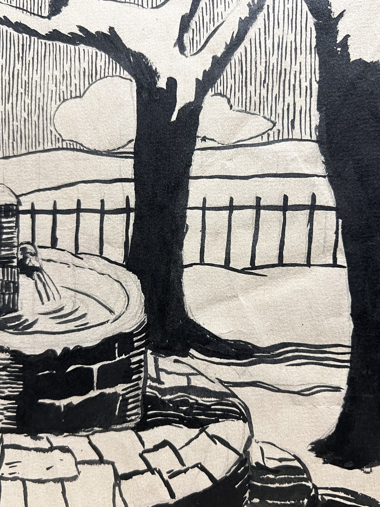 A black and white drawing of a small church.