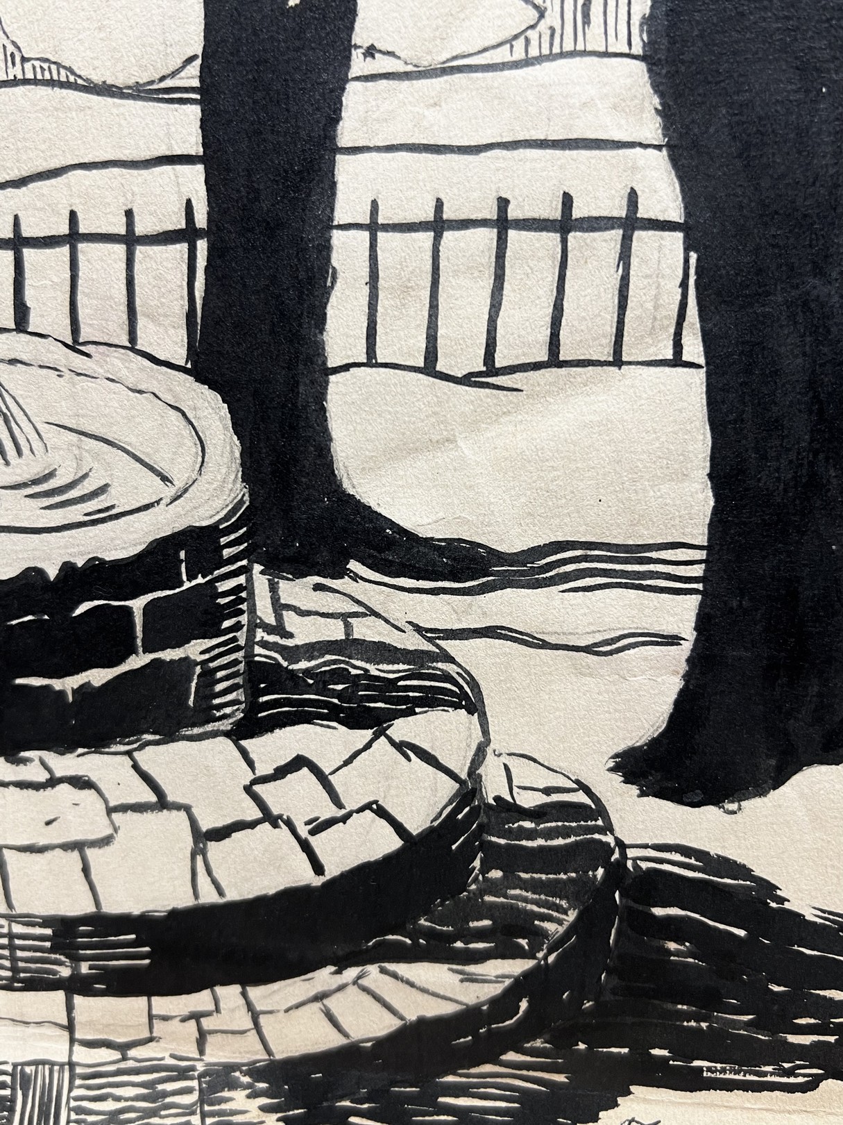 A black and white drawing of a small church.