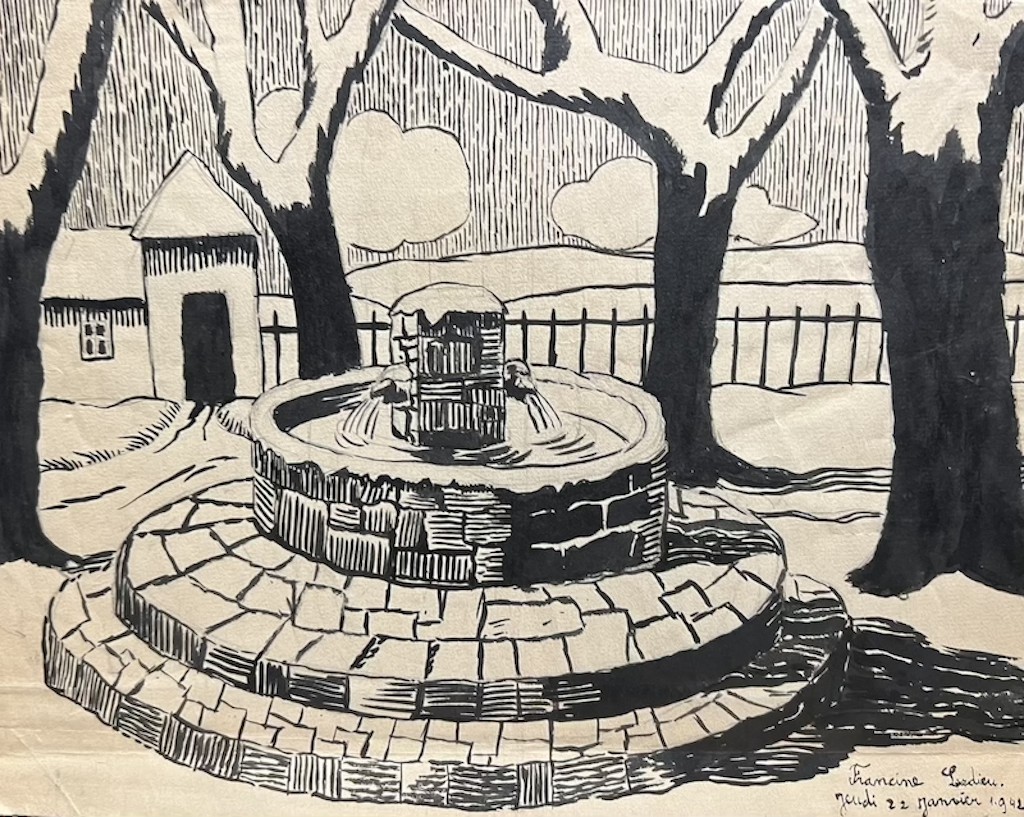 A black and white drawing of a small church.