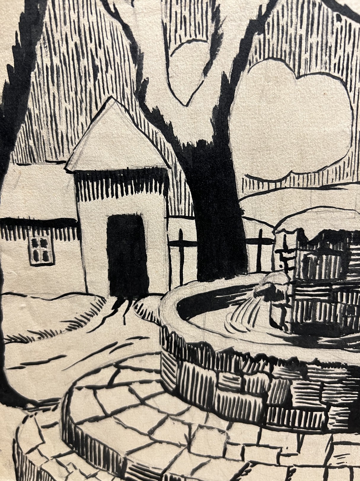 A black and white drawing of a small church.