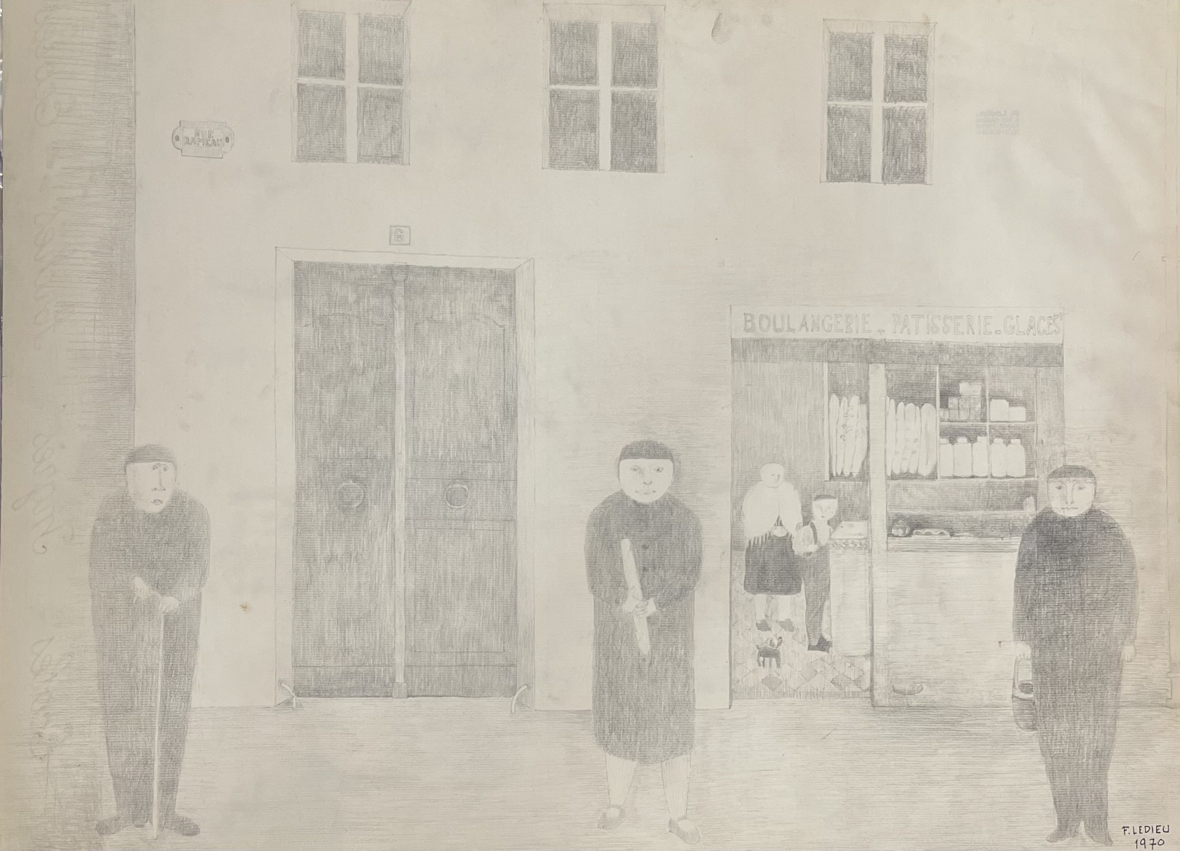 A drawing of a group of people standing in front of a store.