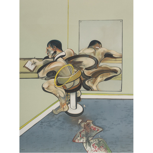 Figure writing reflected in a mirror by Francis Bacon, 1977
