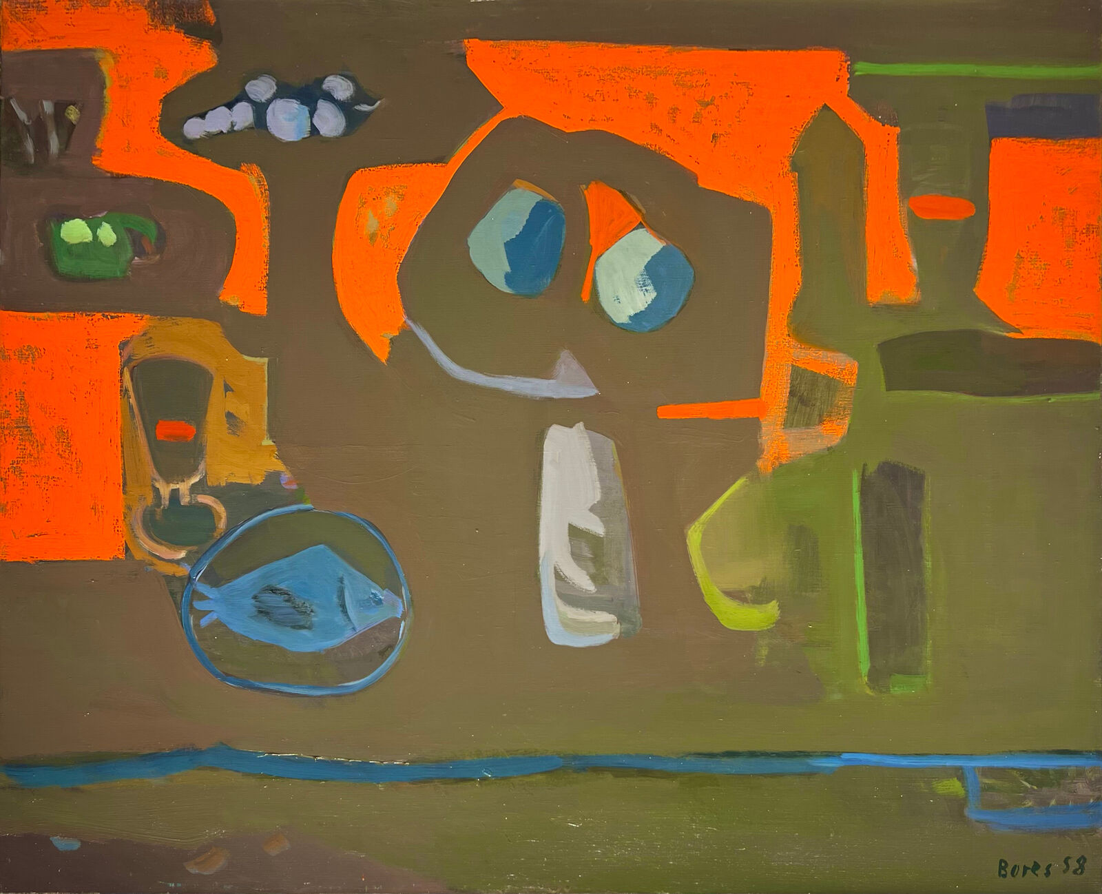 A painting of a table with a vase and a bowl on it.