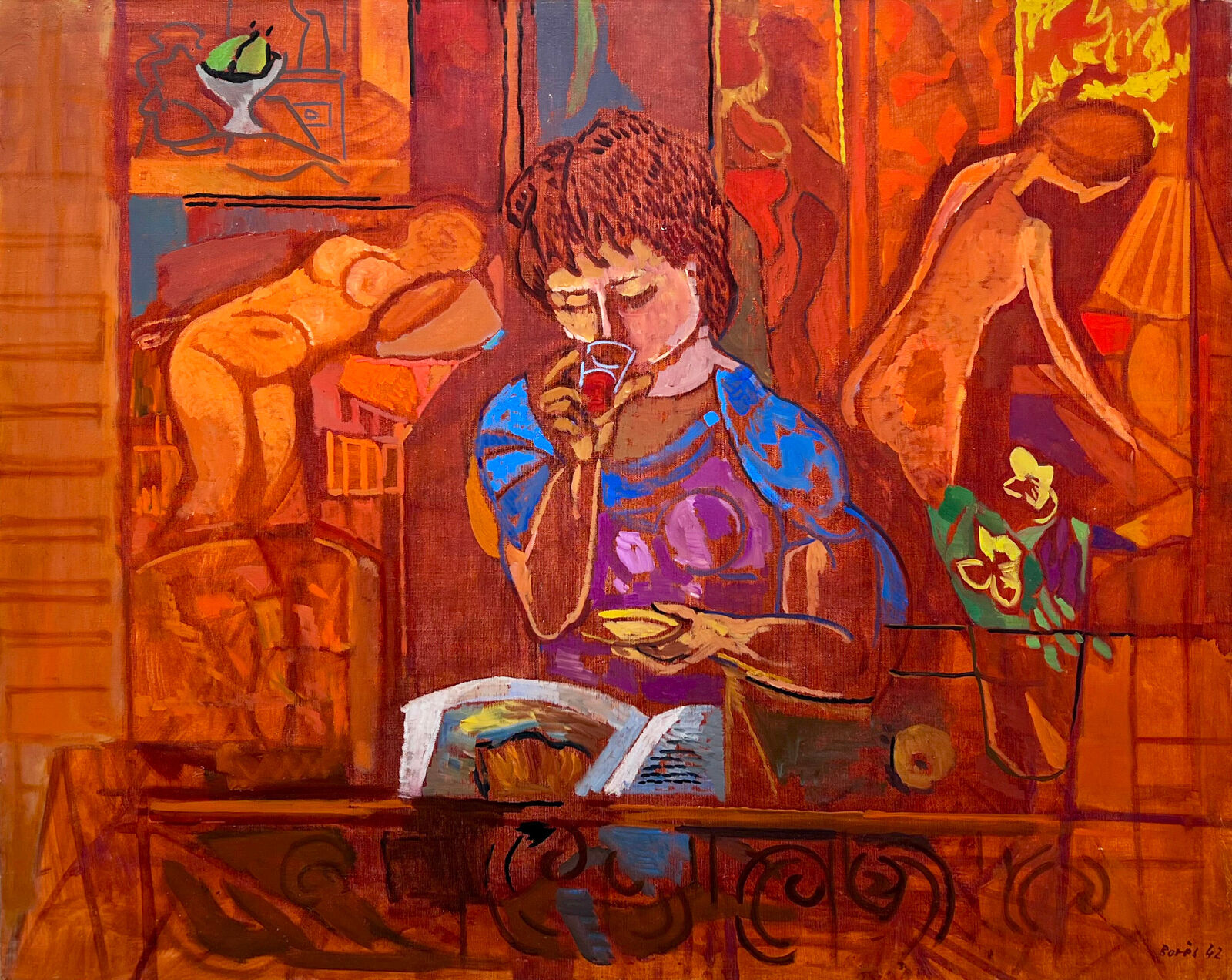 A painting of a woman sitting at a table reading a book.