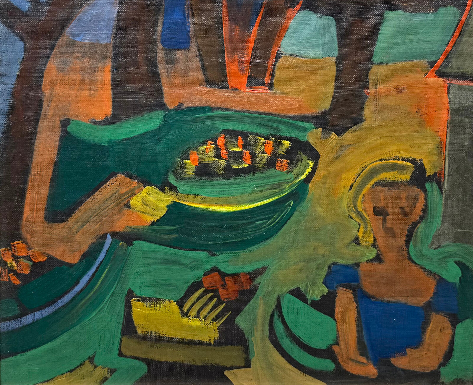 A painting of a woman sitting at a table with a bowl of food.