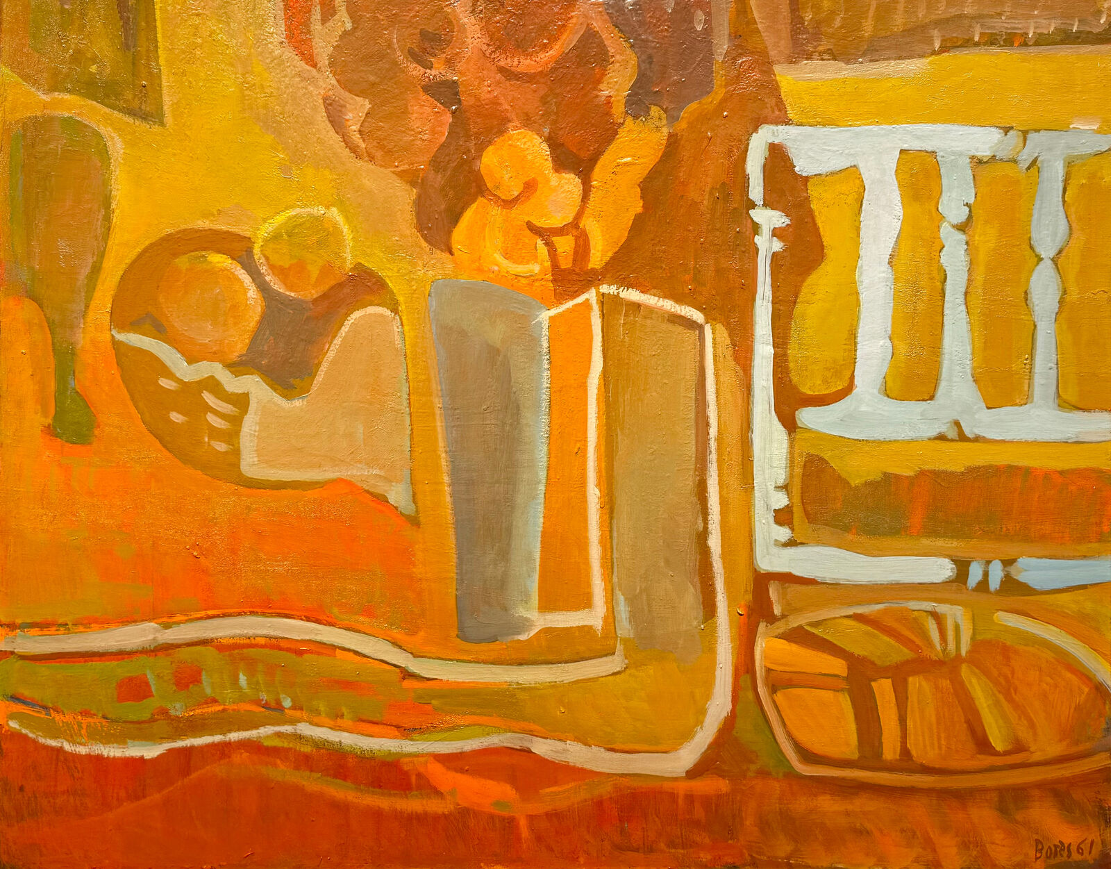 A painting of a vase of flowers and a book on a table.