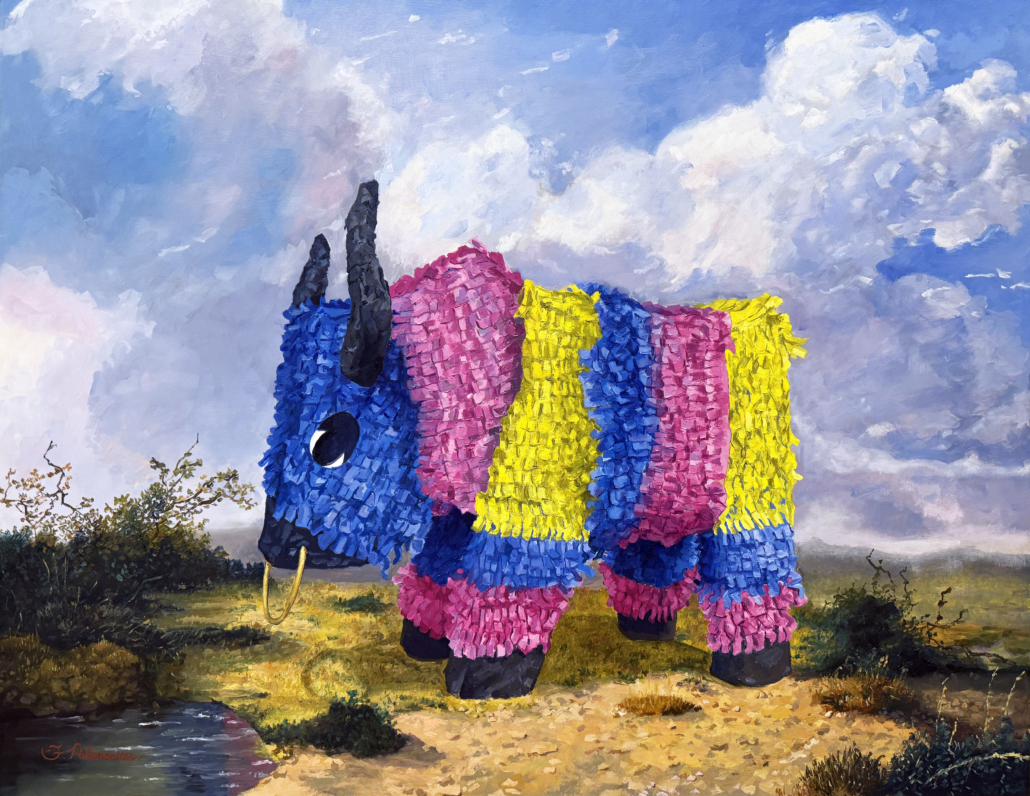 A painting of a colorful pinata in the middle of a field.