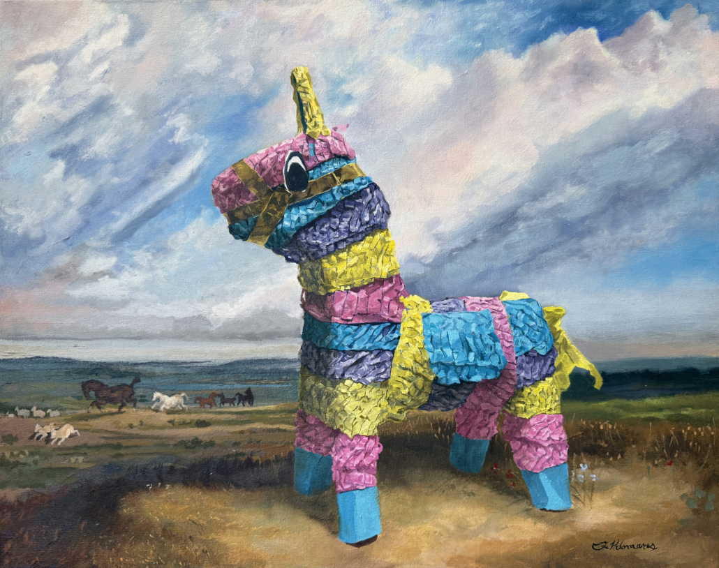 A painting of a pinata in the middle of a field.