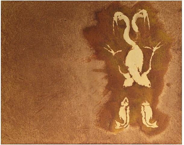 A painting of two birds on a brown background. 