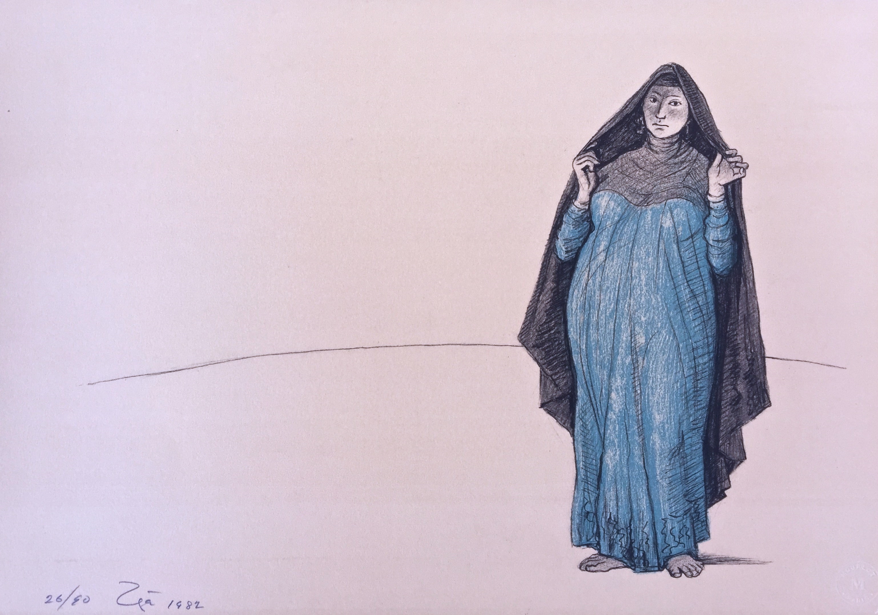 A drawing of a woman in a blue dress and a black cloak.