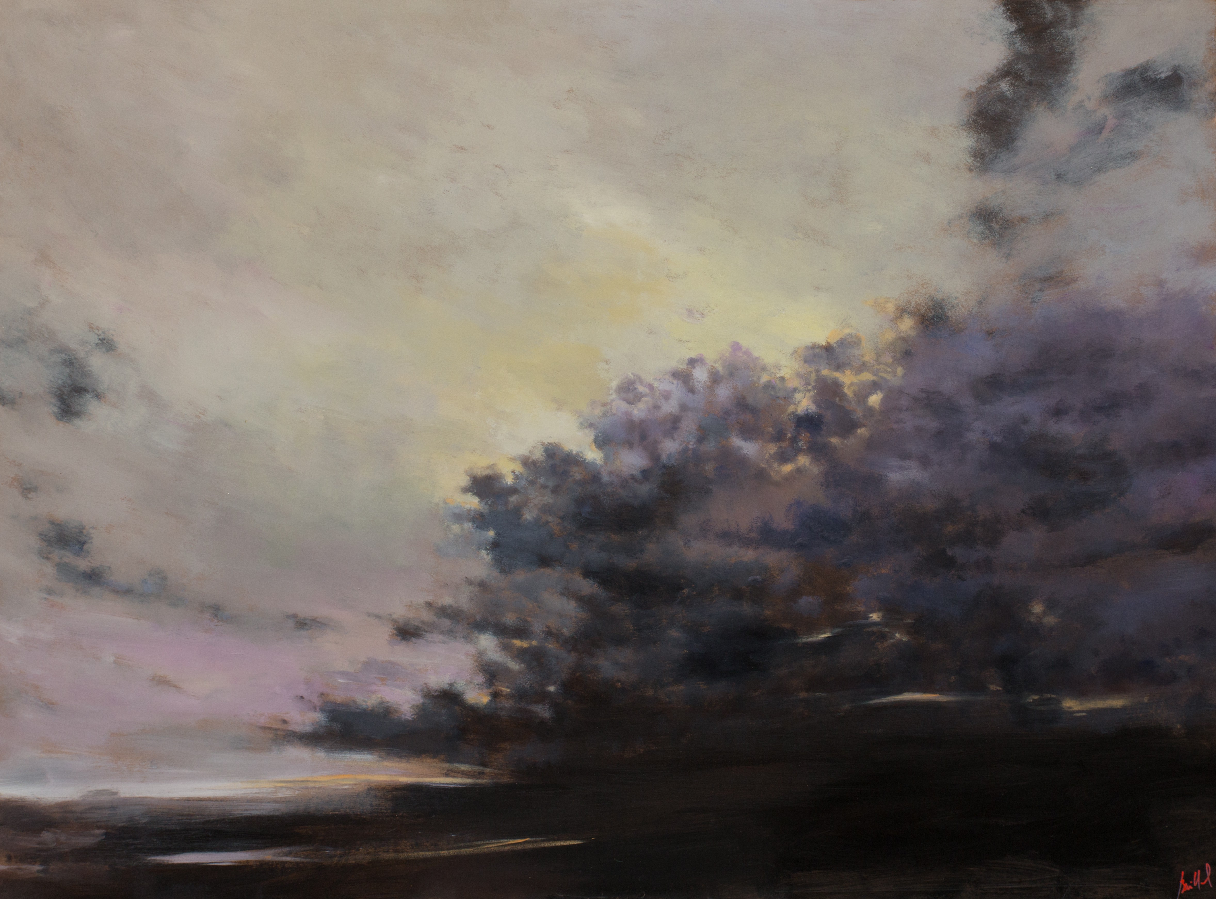 A painting of a cloudy sky over a body of water.