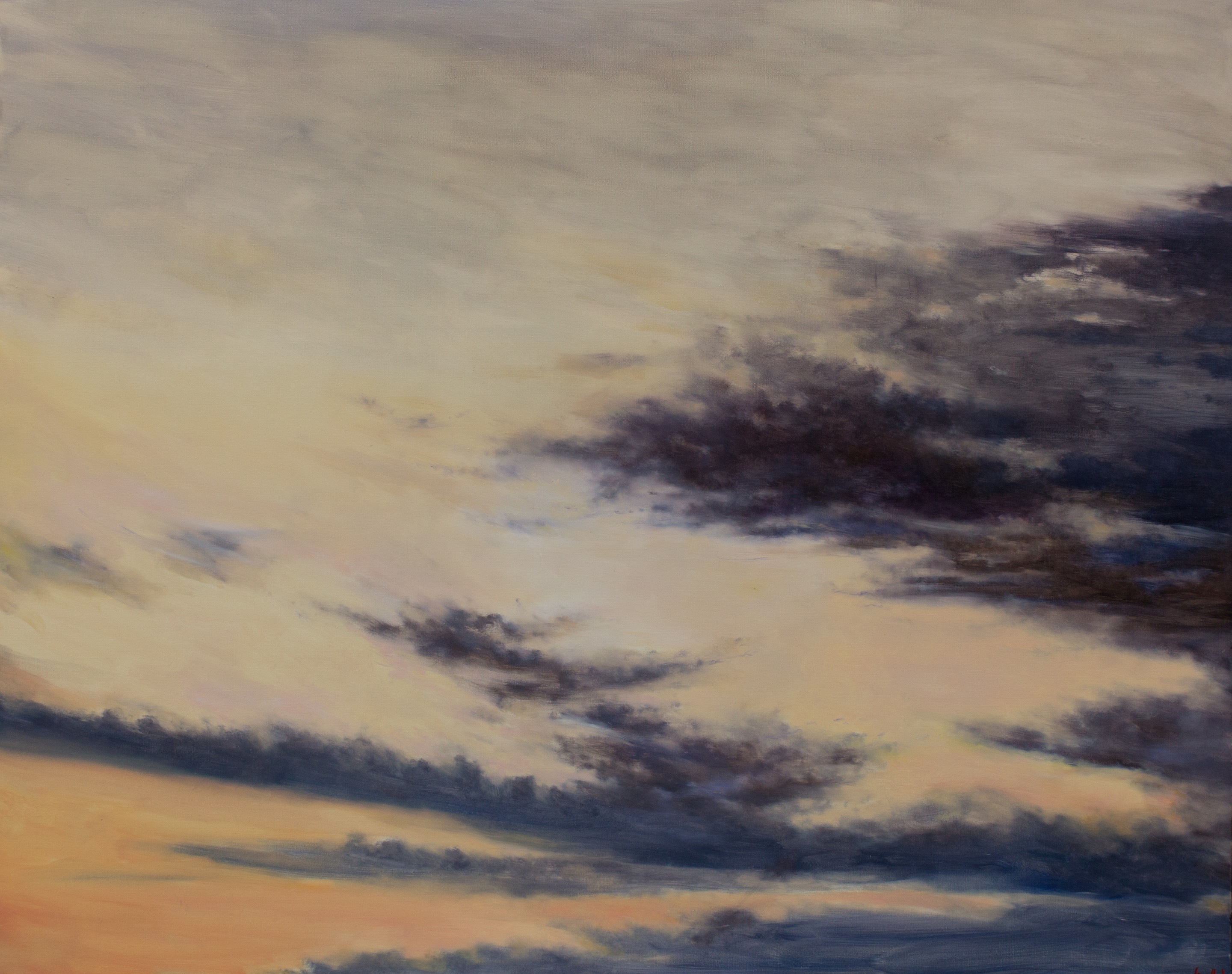 A moody atmospheric landscape painting of a dramatic sky filled with layered clouds.